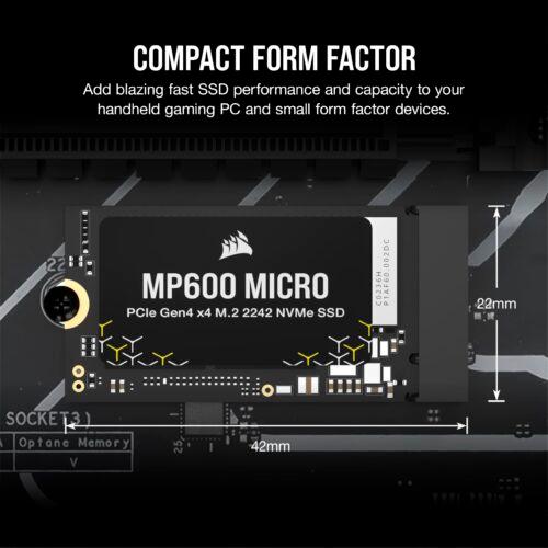 Corsair MP600 Micro 2TB M.2 NVMe PCIe x4 Gen4 SSD – M.2 2242 – Kuni 7.000MB/s järjestikune lugemine – Suure tihedusega 3D TLC NAND – Ühildub Lenovo Legion Go ja õhukeste sülearvutitega – Must