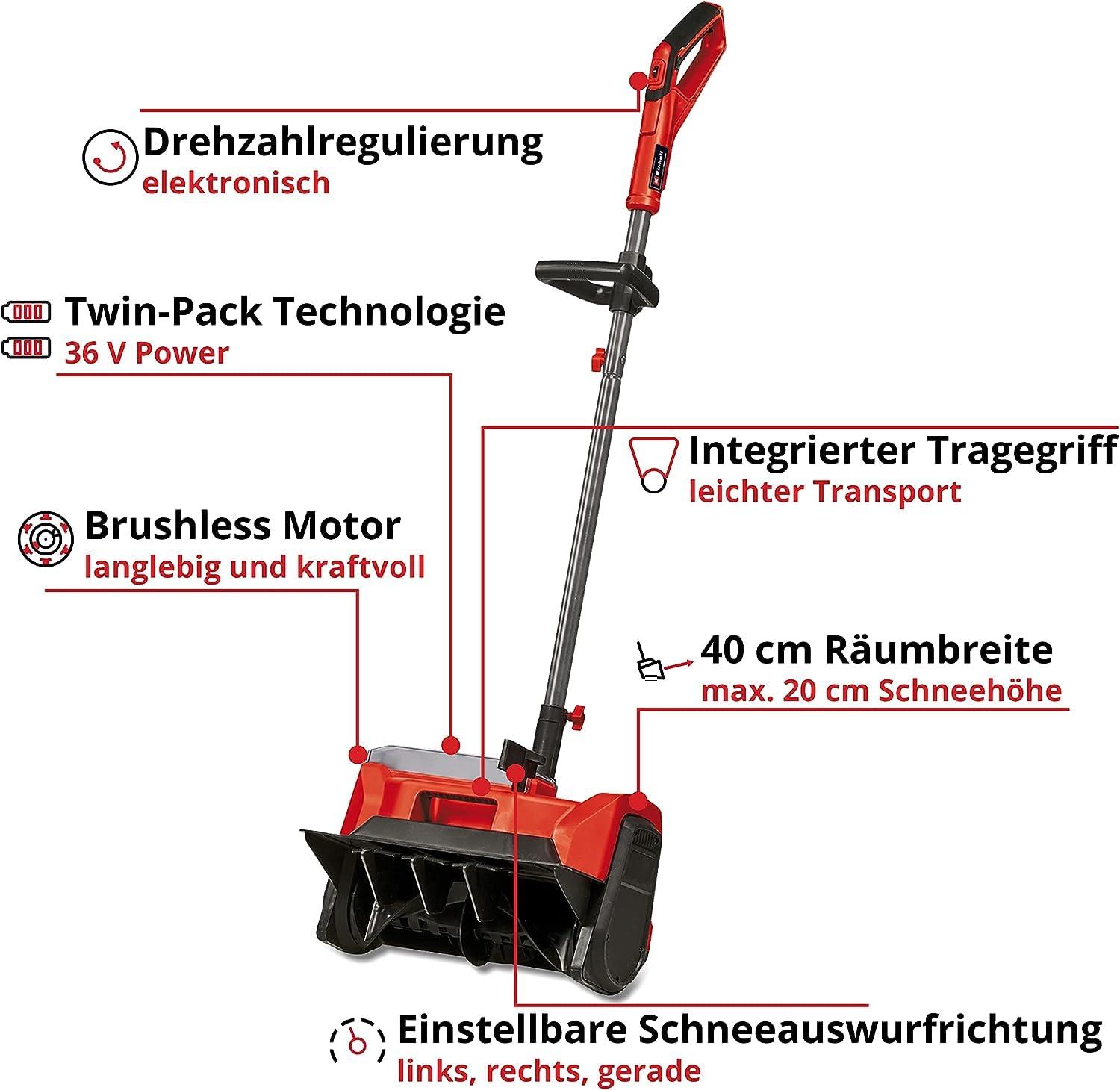 Einhell akuga lumepuhur GE-ST 36/40 Li E-Solo Power X-Change (Li-Ion, 36 V, töölaius 40 cm, max lume kõrgus 20 cm, ilma akude ja laadijateta) – pakend ja tarvikud
