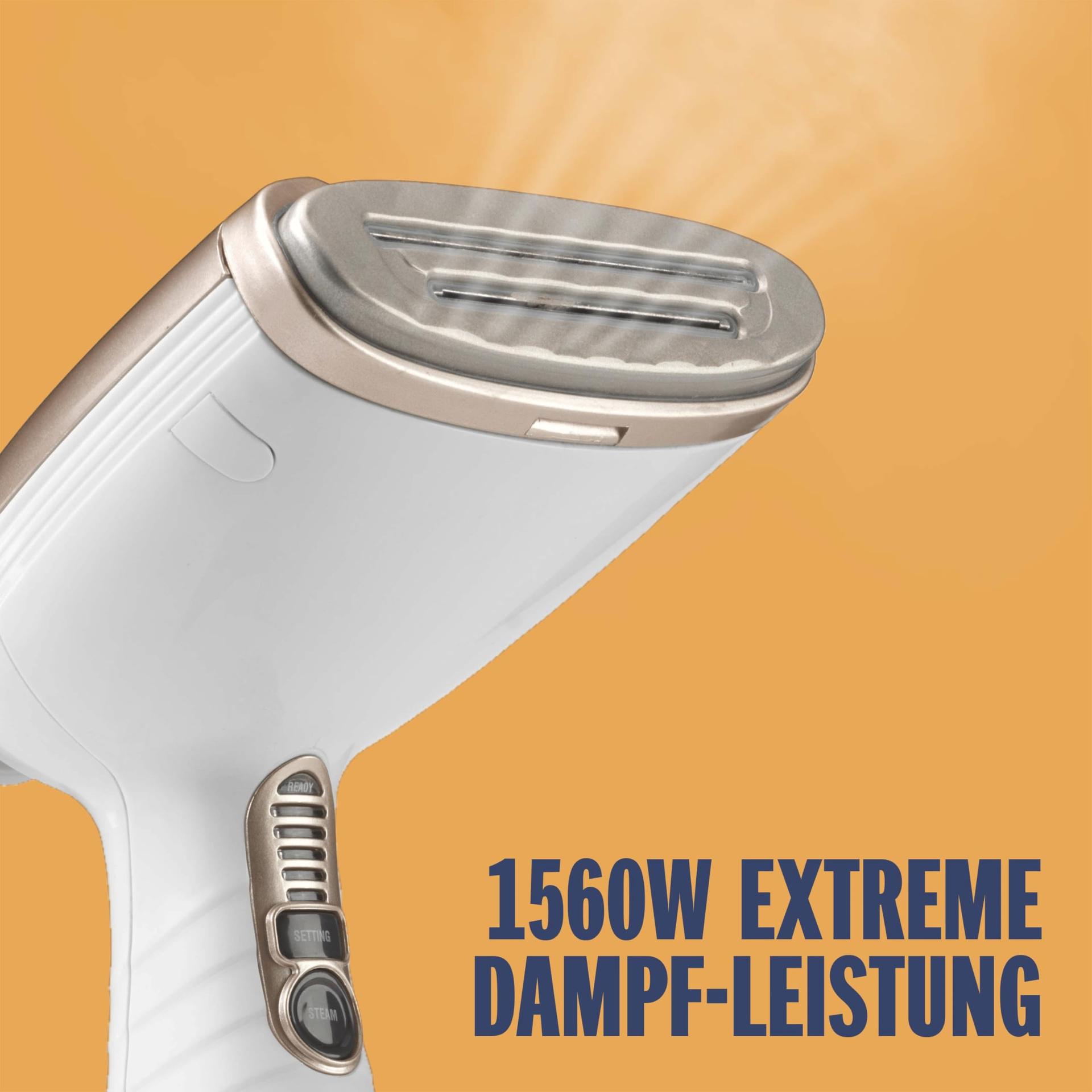 Conair Turbo ExtremeSteam aurusti 5 seadistusega | Auruvoog 25 g/min | Kiire kuumenemine | 3 otsikut erinevatele kangastele + viigiklots | valge/beež – pakend ja tarvikud