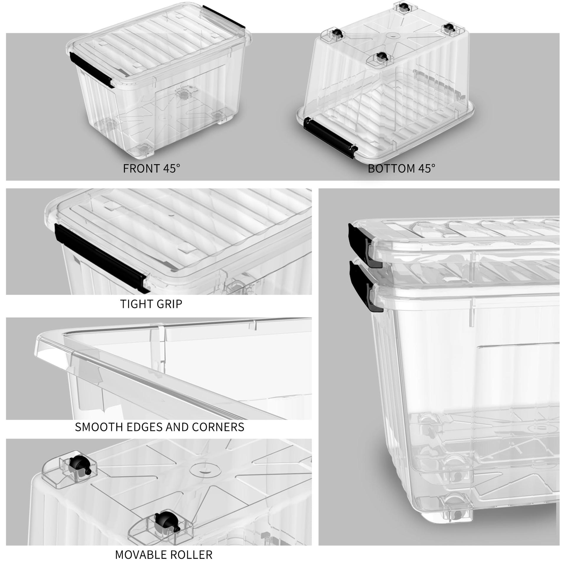 Cetomo C5038 Virnastatav Läbipaistev Plastikust Säilituskarp Kaane ja Ratastega (Polüpropüleen) 55,5 x 40,5 x 36 cm, 55 L, 6-osaline komplekt – detailne vaade
