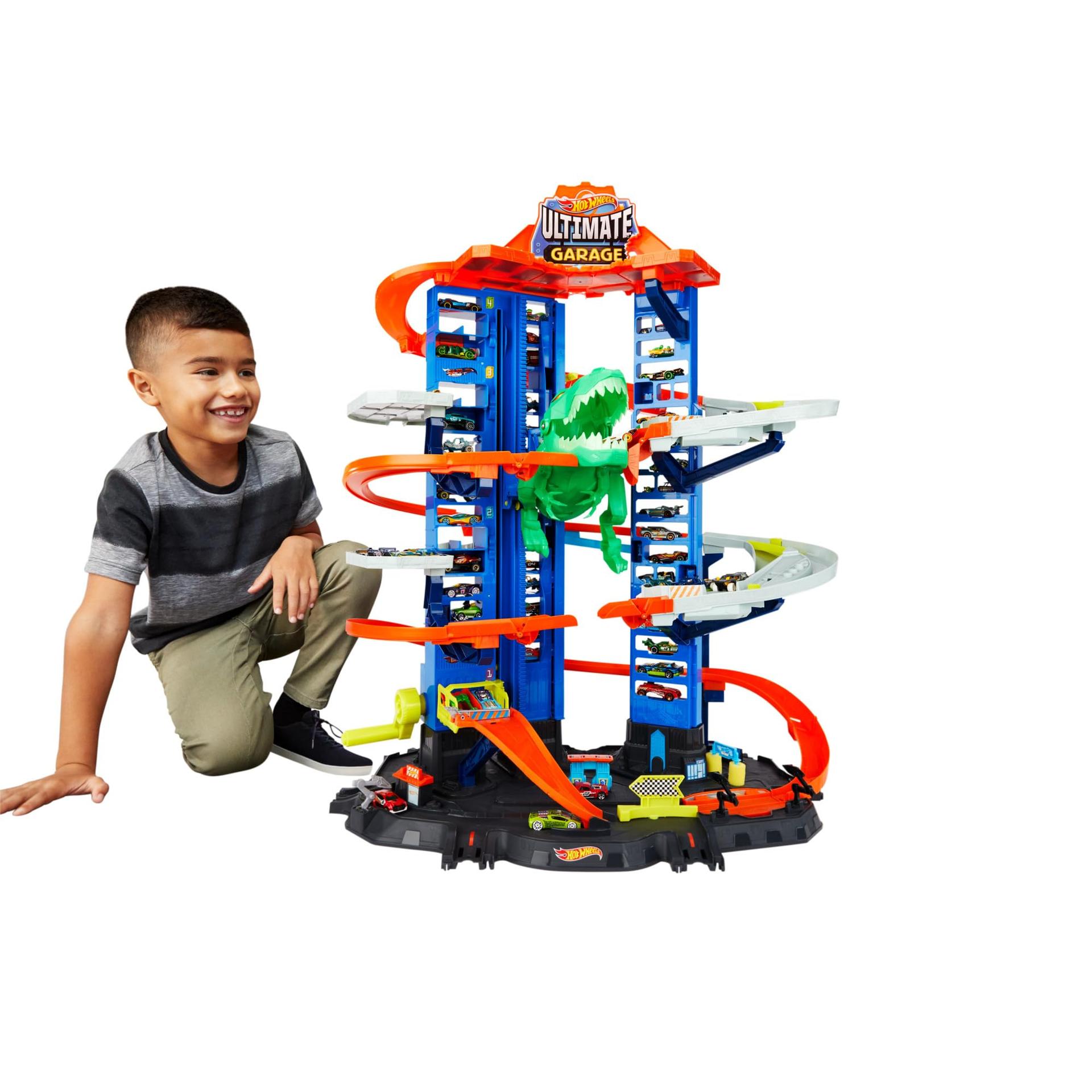 Hot Wheels Garaaž, Hot Wheels Parkla koos 2 mänguautoga, mitmekorruseline autorada, T-Rexi rünnak ja ruumi +100 autole, kõrgus: 90 cm, mänguasi alates 5. eluaastast, GJL14 – detailne vaade