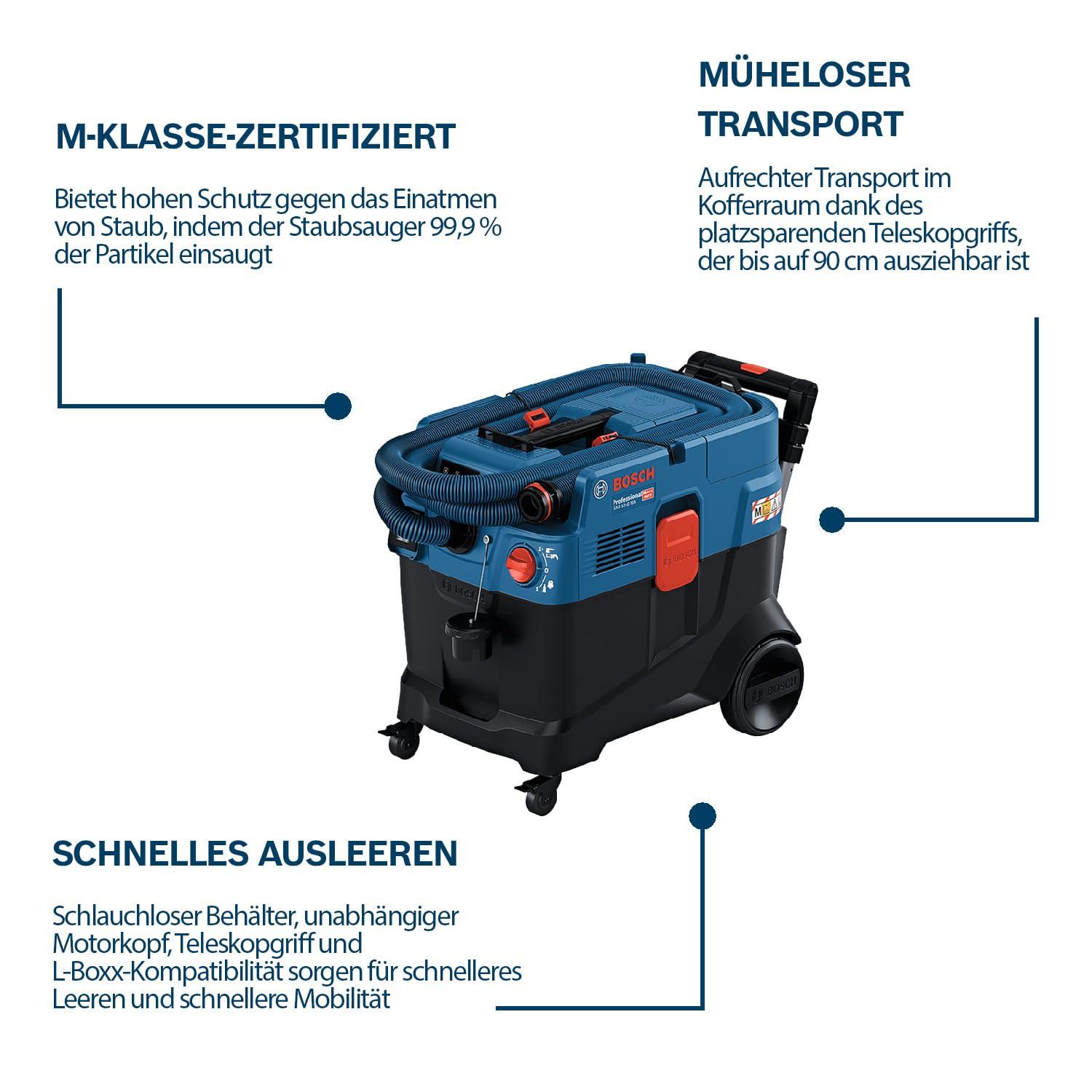 Bosch Professional tolmuimeja GAS 12-40 MA (1200 W, automaatne filtripuhastus (AFC), sisaldab põhifiltrit, voolikut, kombitööriista adapterit, kombiharjaotsikut) – pakend ja tarvikud