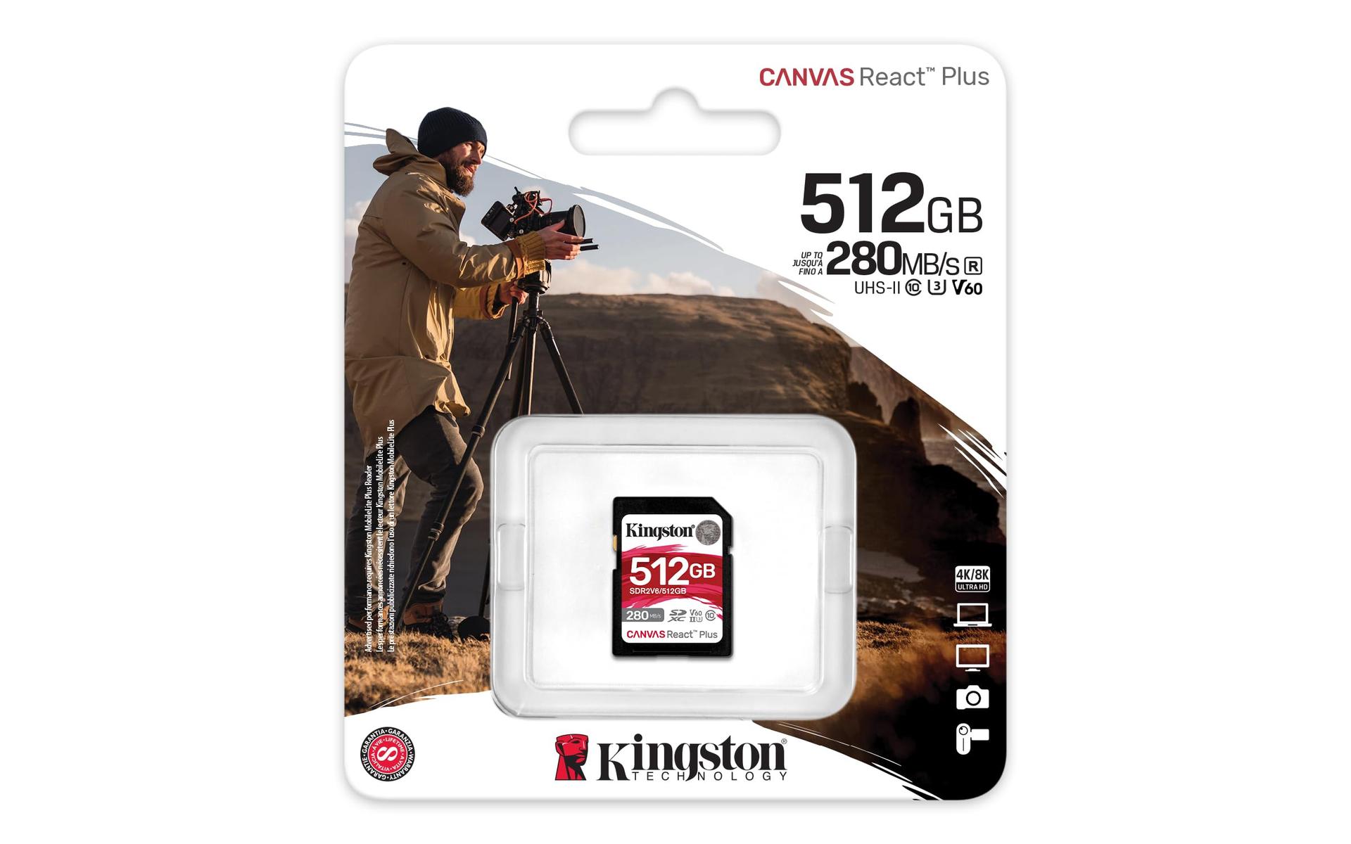 Kingston Canvas React Plus V60 SD 512GB SDXC UHS-II 280MB/s lugemine, 150MB/s kirjutamine, U3 V60 Full HD/4K jaoks – pakend ja tarvikud