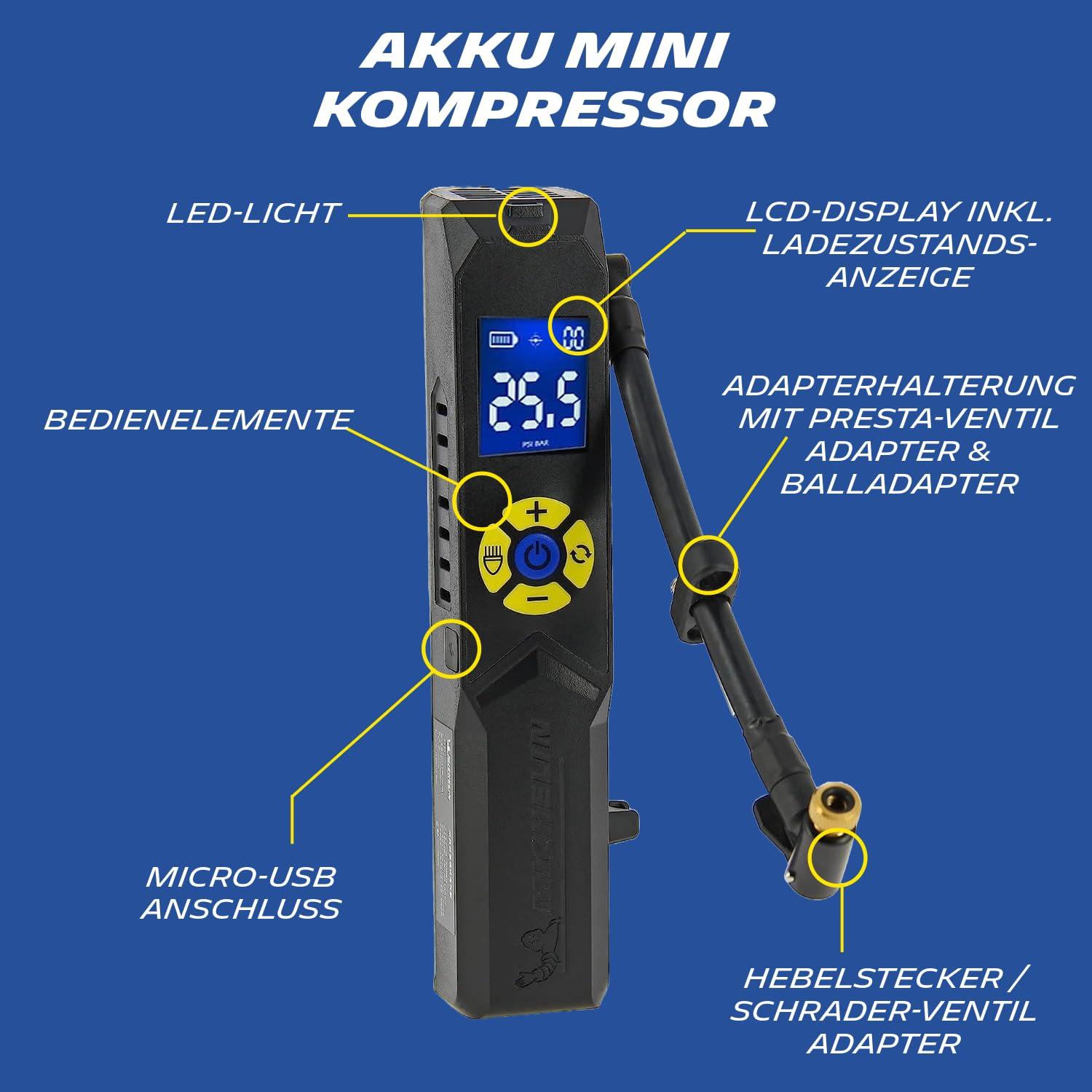 MICHELIN elektriline rattapump | Õhupump | Aku minikompressor LED-valgustusega | 10 Bar/150 PSI, 7,4 V / 2500 mAh, Must – pakend ja tarvikud