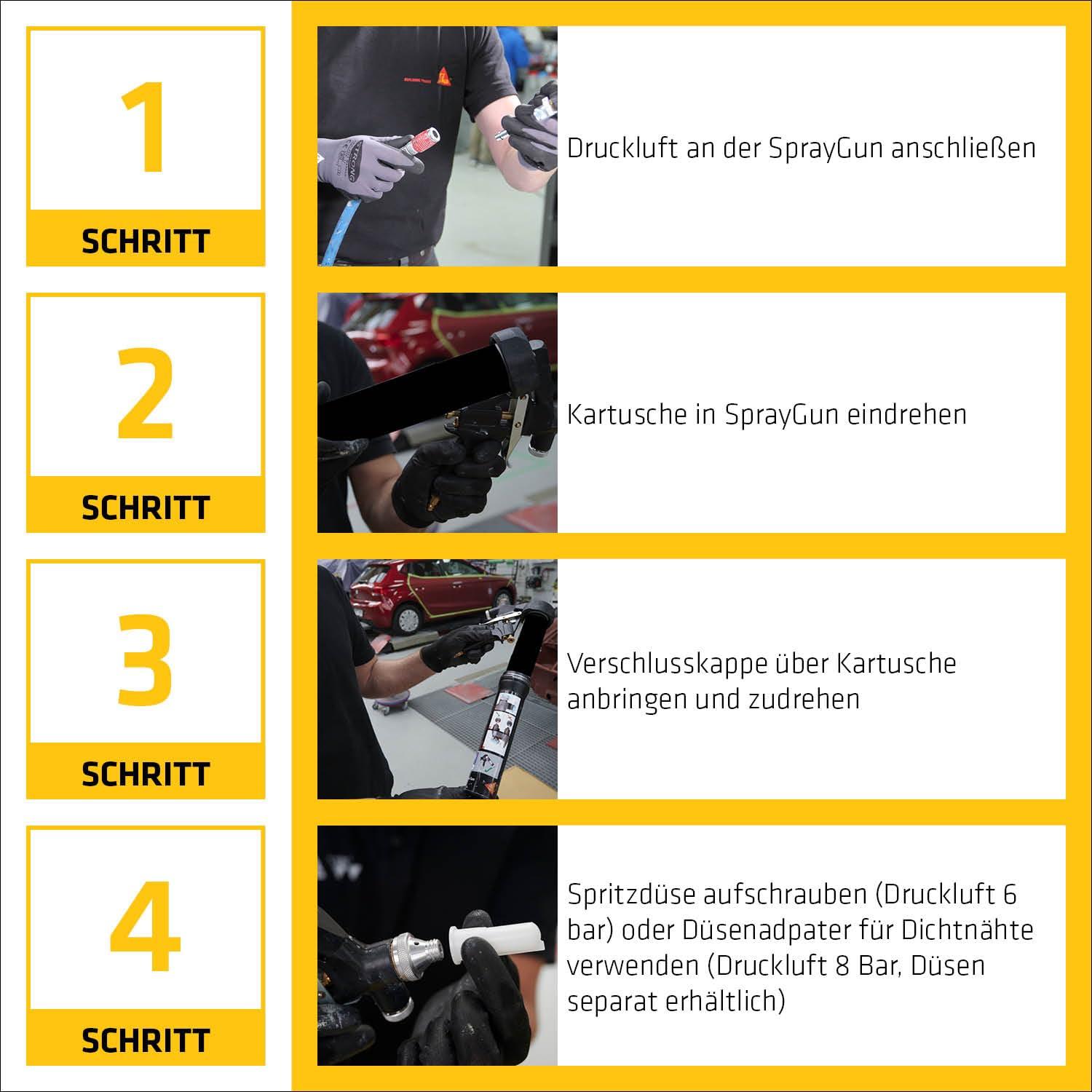 SIKA – Töötlemisseade – Spraygun suruõhupüstol pritsitavale vuugitihedusele must – kerge ja manööverdatav – sisaldab düüsiadapterit ja juhendit – kasutusnäide