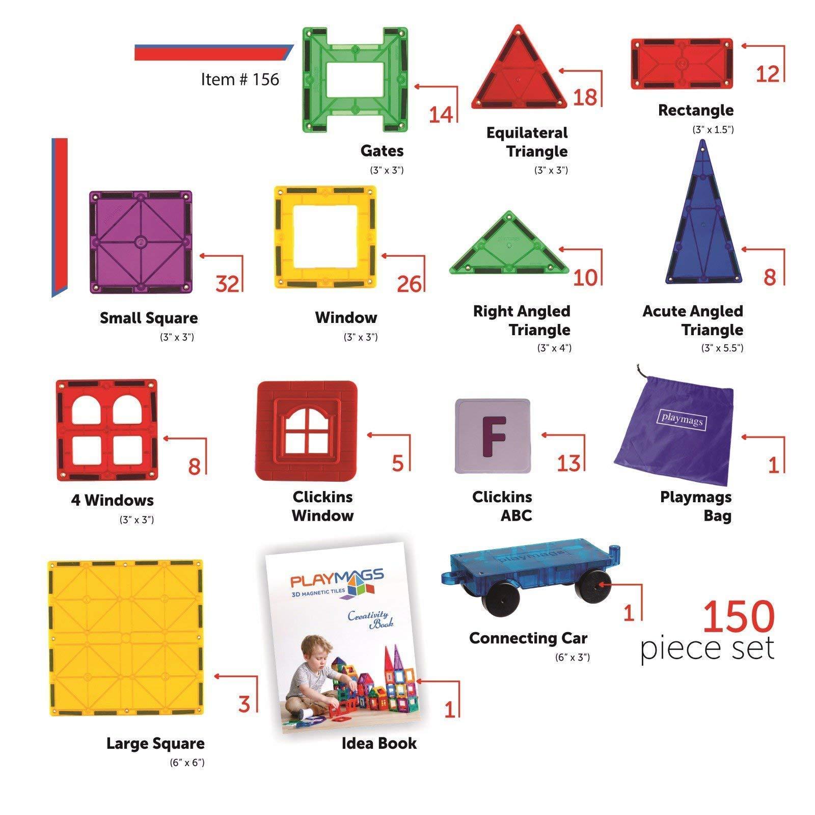 Playmags Magnetilised Ehitusklotsid – 150-osaline Mega Komplekt: Tugevad Magnetid, Vastupidav, Suurepärane Kinnitus Selgete Värviliste Plaatidega. 18-osaline Klõpsatav Lisatarvik Loovuse Suurendamiseks – detailne vaade
