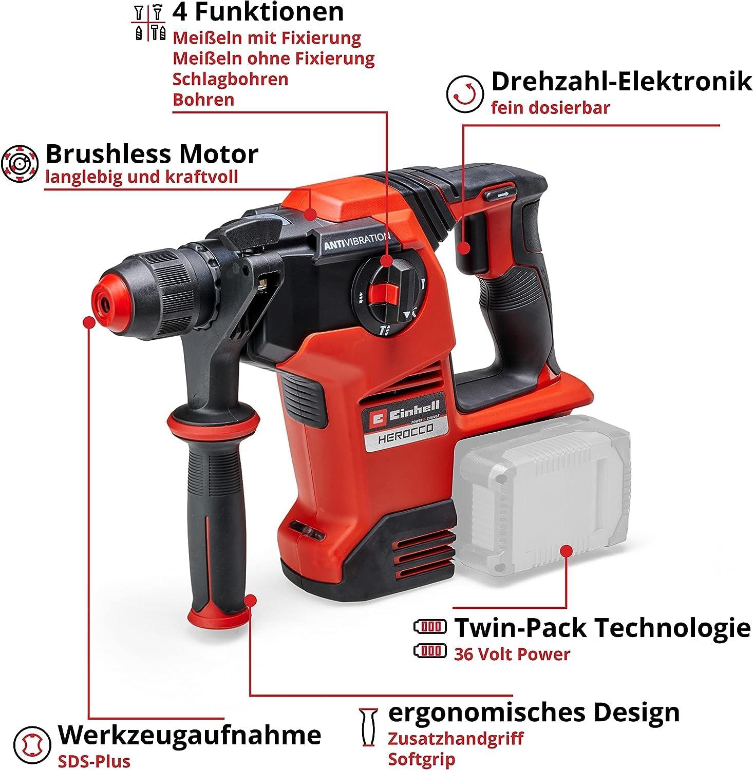 Einhell akutoitega puurvasar Herocco 36/28 Power X-Change (Twin-Pack, puurimiseks/vasarpuurimiseks/meiseldamiseks fikseerimisega ja ilma, 3.2 J, harjadeta, SDS+, koos E-Boxiga, ilma aku ja laadijata) – pakend ja tarvikud