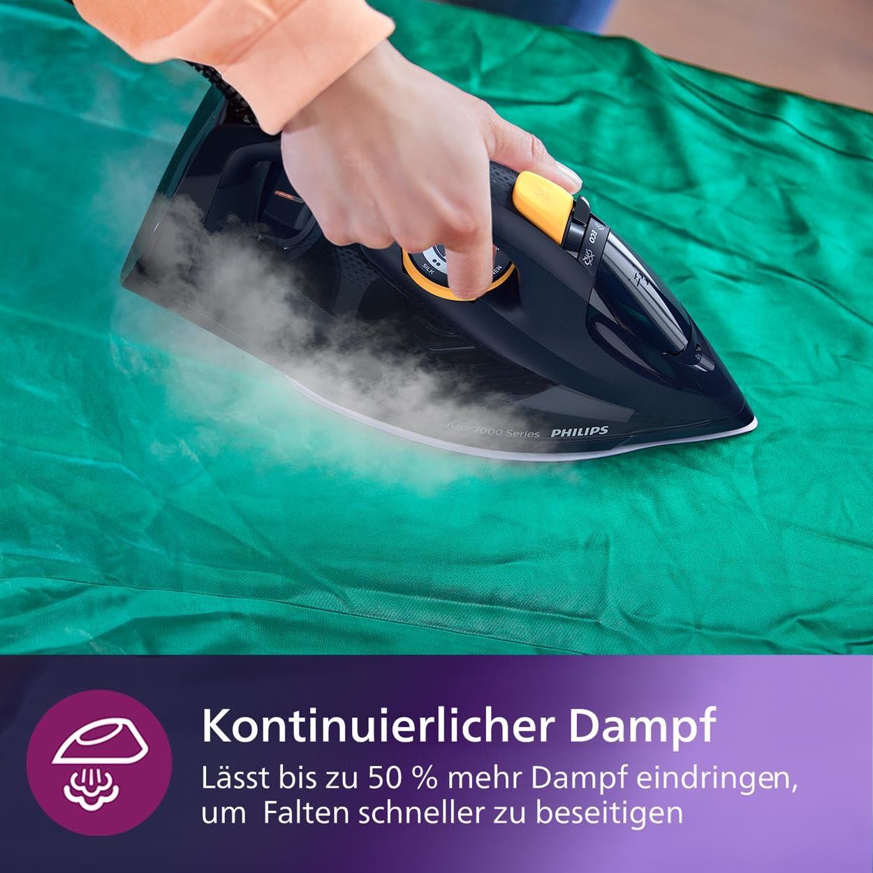 Philips Series 7000 aurutriikraud – 3000 W, pidev auruvoog 55 g/min, auruimpulss 250 g, vertikaalaur, SteamGlide Elite tallaplaat, sinine/kollane (DST7060/20) – kasutusnäide