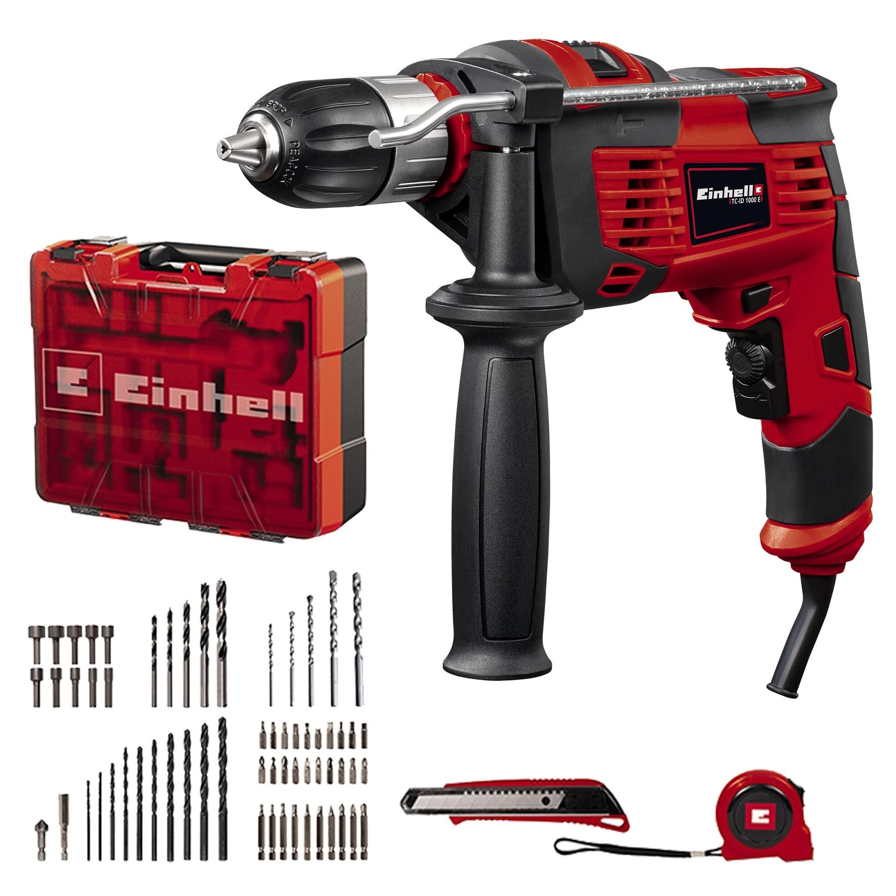 Einhell löökpuurmasina komplekt TC-ID 1000 E Kit +64 (1010 W, muudetav pöörlemiskiirus, 13 mm kiirkinnituspadrun, löögisagedus 48 000 min-1, sisaldab 64-osalist tarvikukomplekti ja kohvrit)