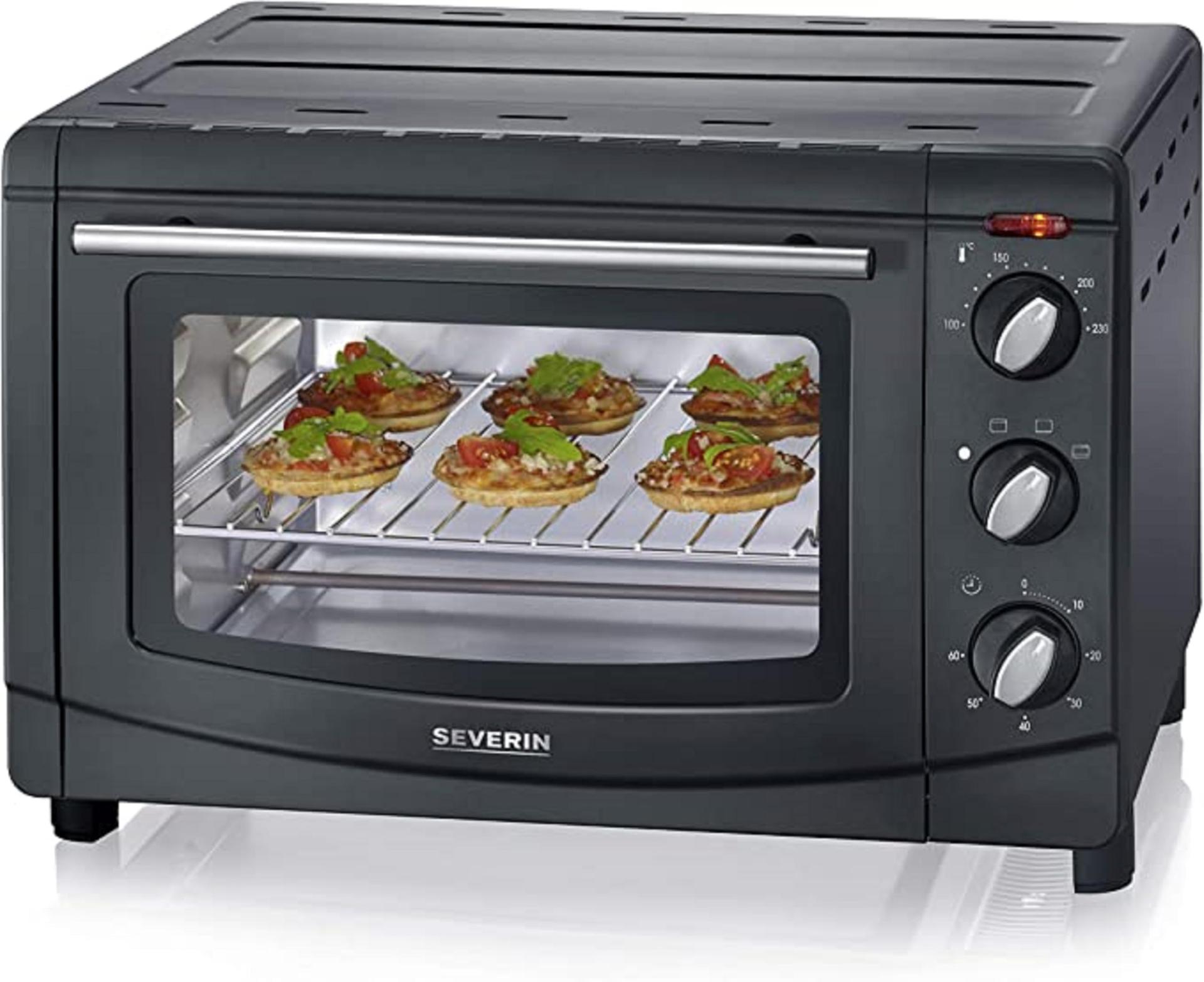 SEVERIN küpsetus- ja rösterahi, mini ahi grillresti, küpsetusplaadi ja puruplaadiga, mitmekülgne ahi 20 L mahutavusega, 1 500 W, must, TO 2067
