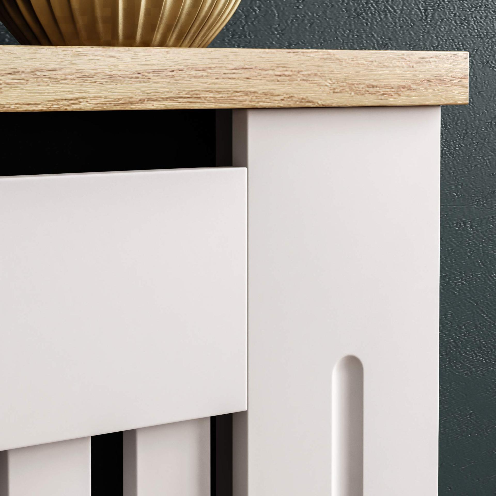 Vida Designs Arlington Radiaatorikate, valge, kaasaegne MDF-kapp, liistud, grill, puidust riiul, keskmine (K: 83,3 / L: 111 / S: 19 cm) – lisavaade
