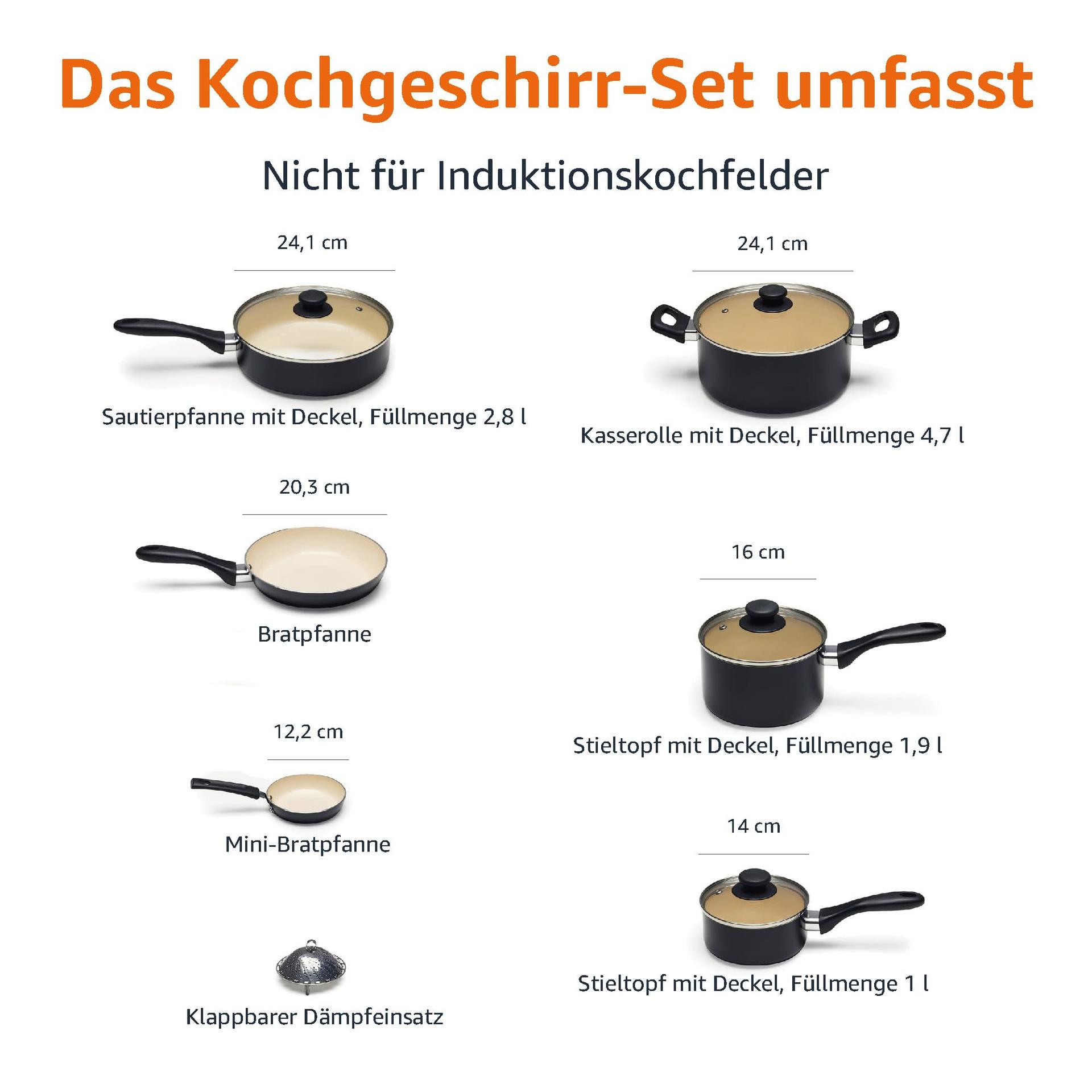 Amazon Basics 11-osaline keraamiline kööginõude komplekt, mittenakkuv, PFOA- ja PTFE-vaba, must/kreem – kasutusnäide