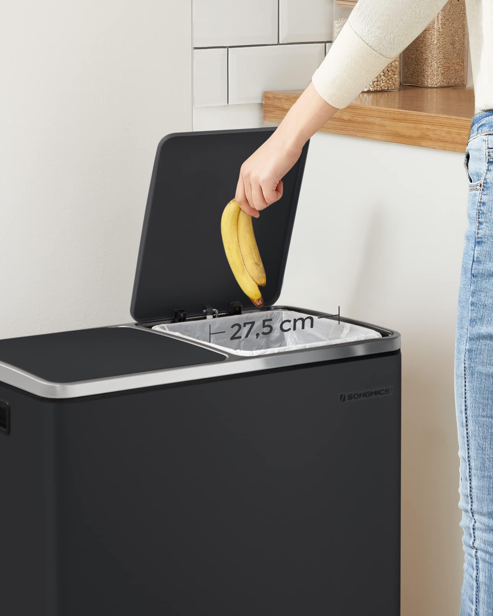 SONGMICS prügikast, jäätmete sorteerimissüsteem 2 sektsiooniga, pedaaliga köögiprügikast, 48 L, pehme sulgumisega, plastikust sisekonteinerid, must LTB48BK, 58,5 x 32 x 54,5 cm – pilt 7