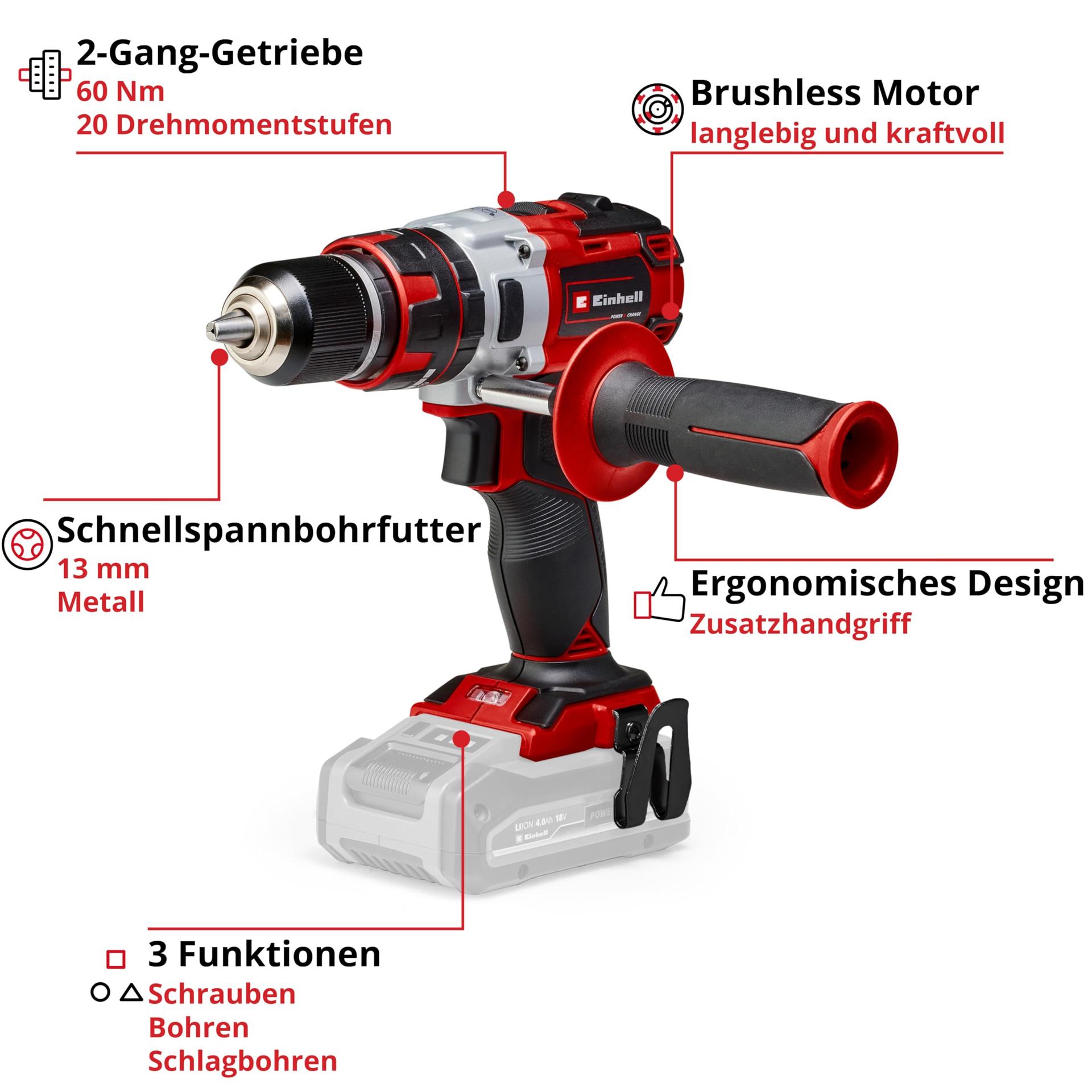 Einhell Professional akulööktrell TE-CD 18 Li-i BL Solo Power X-Change (18 V, löökfunktsioon, harjadeta, 60 Nm, 2-käiguline, 13 mm metallist padrun, LED-valgustus, ilma akuta) – pakend ja tarvikud