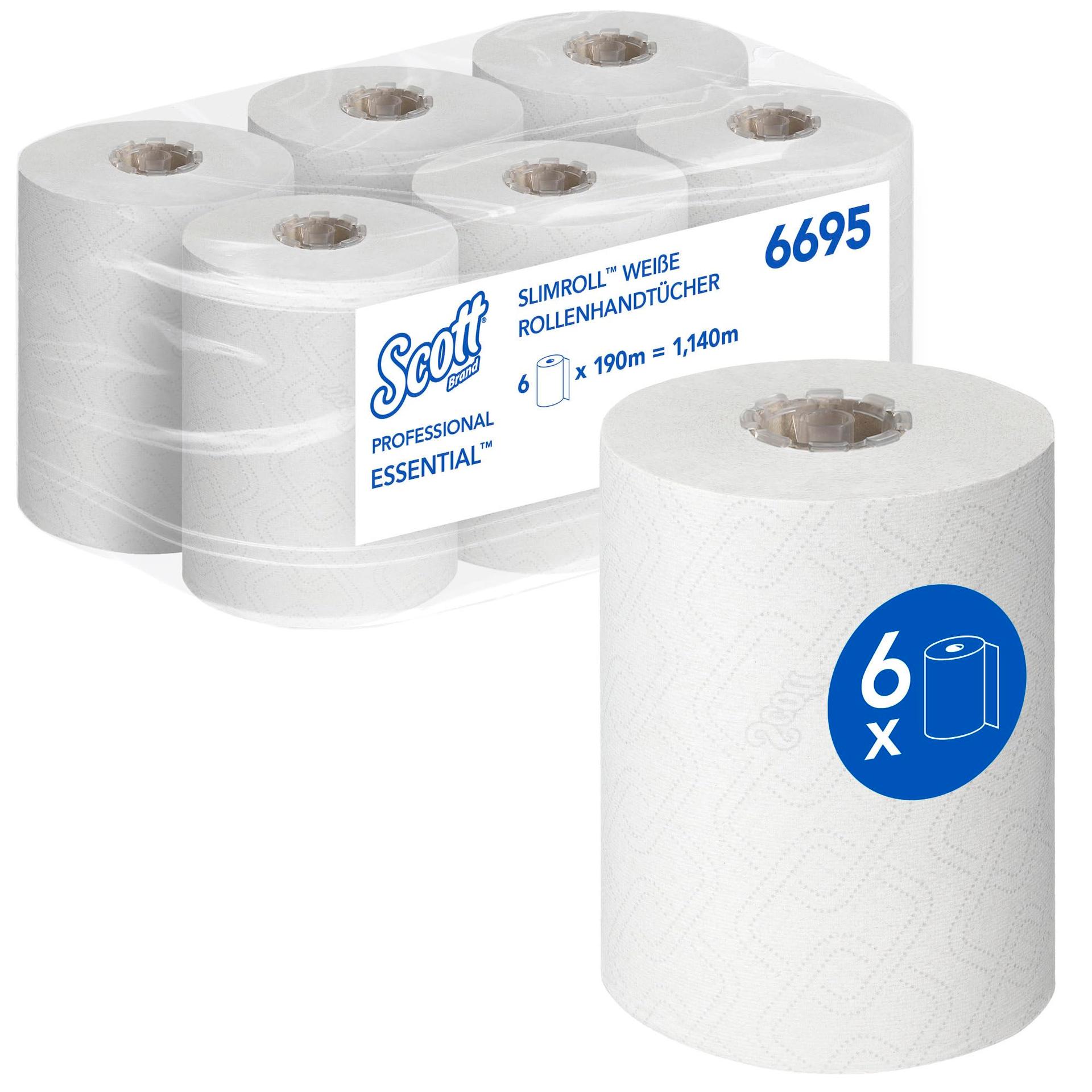 Scott Essential Slimroll rullpaber 6695, paberkäterätikud – 6 x 190 m valged paberrätikud, 6 x 190 m (kokku 1 140 m)