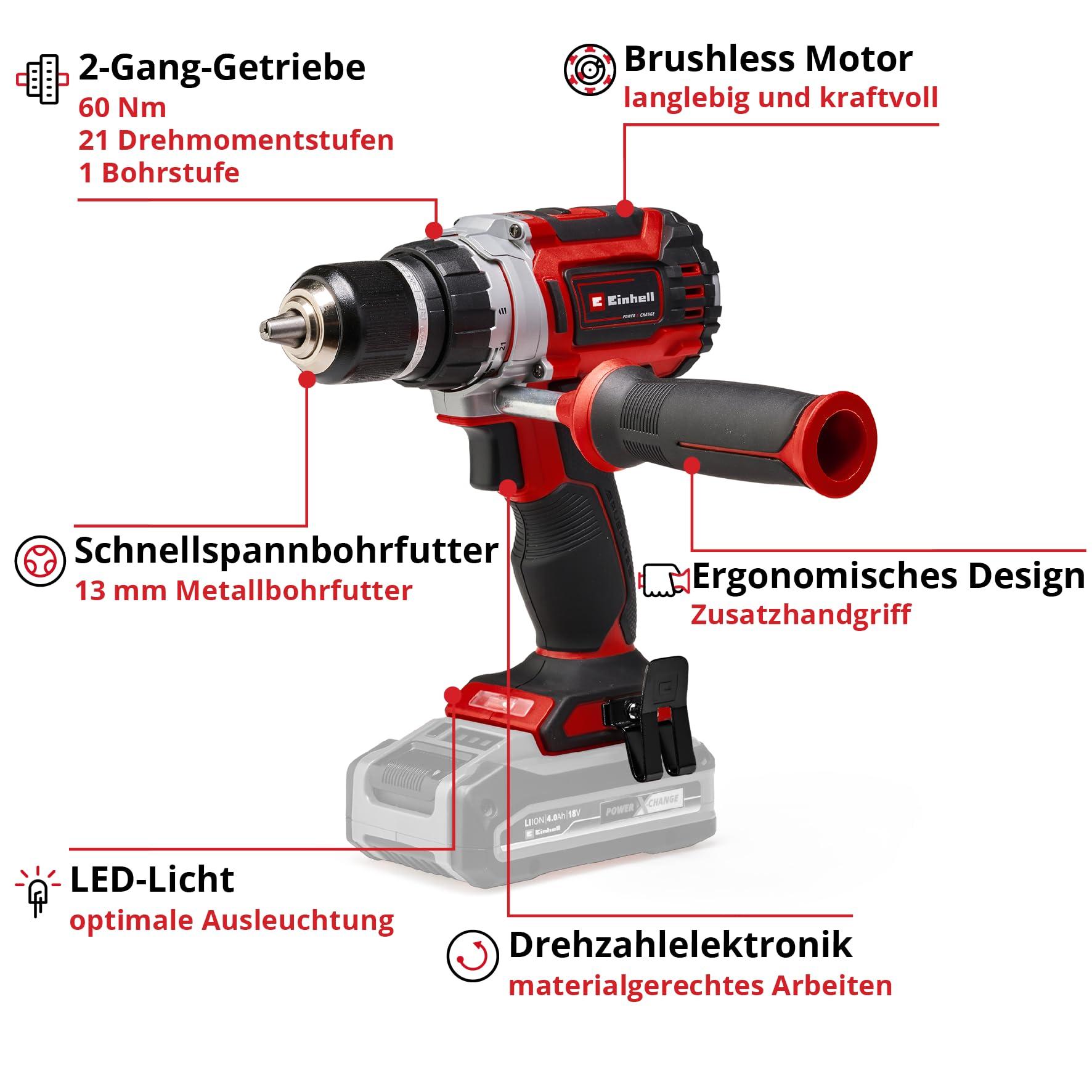 Einhell Professional akuga puurtrell TP-CD 18/60 Li BL – Solo Power X-Change (Li-Ion, 18 V, harjadeta mootor, 13 mm metallist kiirkinnitusega padrun, 2-käiguline käigukast, ilma aku ja laadijata) – pakend ja tarvikud