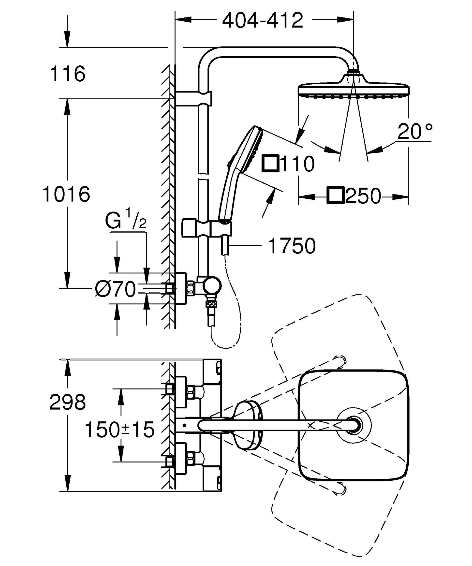 GROHE Vitalio 250 – Veesäästlik dušisüsteem – 8 l/min (2 pihustusrežiimi, pööratav peadušivarre, 38°C ohutuslukk, katlakivivastane süsteem), kandiline, kroom, 26696001 – pakend ja tarvikud