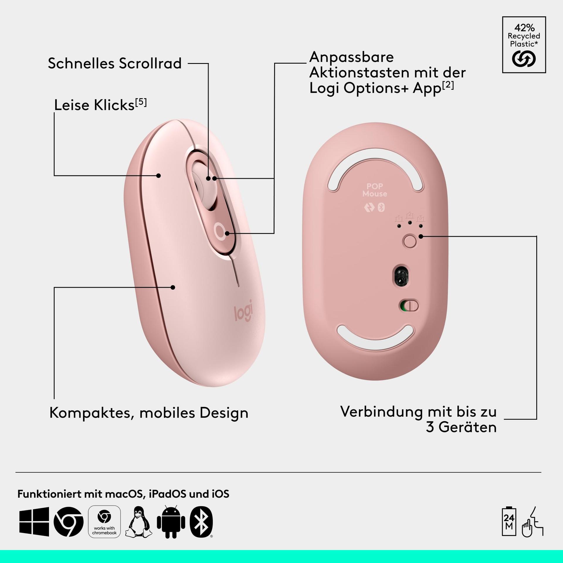 Logitech POP ICON KOMBO, Bluetooth-klaviatuuri ja hiire komplekt, mugav trükkimine, programmeeritavad klahvid, vaiksed klõpsud, Easy-Switch kuni 3 seadmele, Saksa QWERTZ-paigutus – Roosa – pilt 7