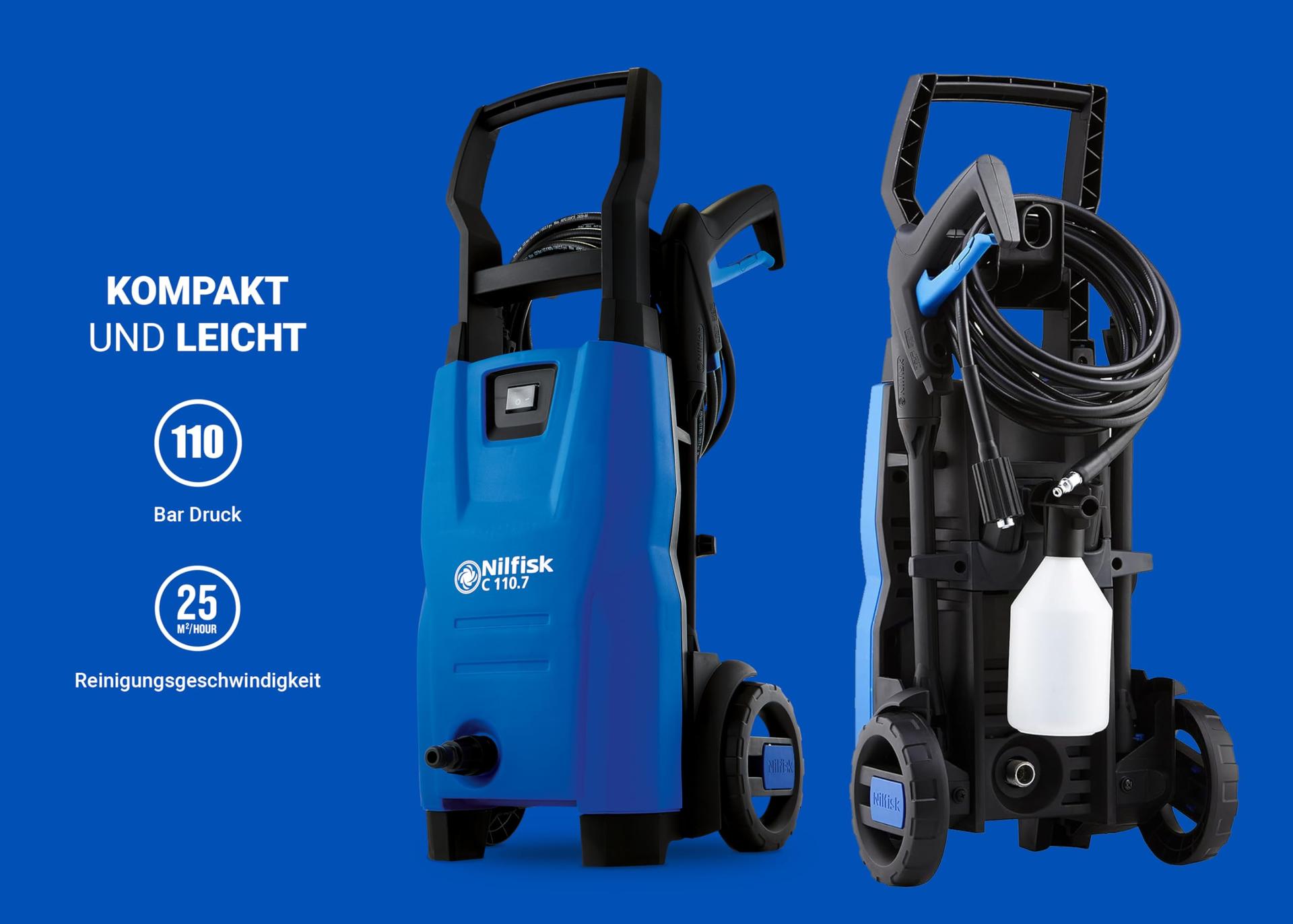 Nilfisk C 110.7 Bar Kõrgsurvepesur + Vahupihusti – Mini survepesur välipindade ja autopesu jaoks (1400 W) – detailne vaade