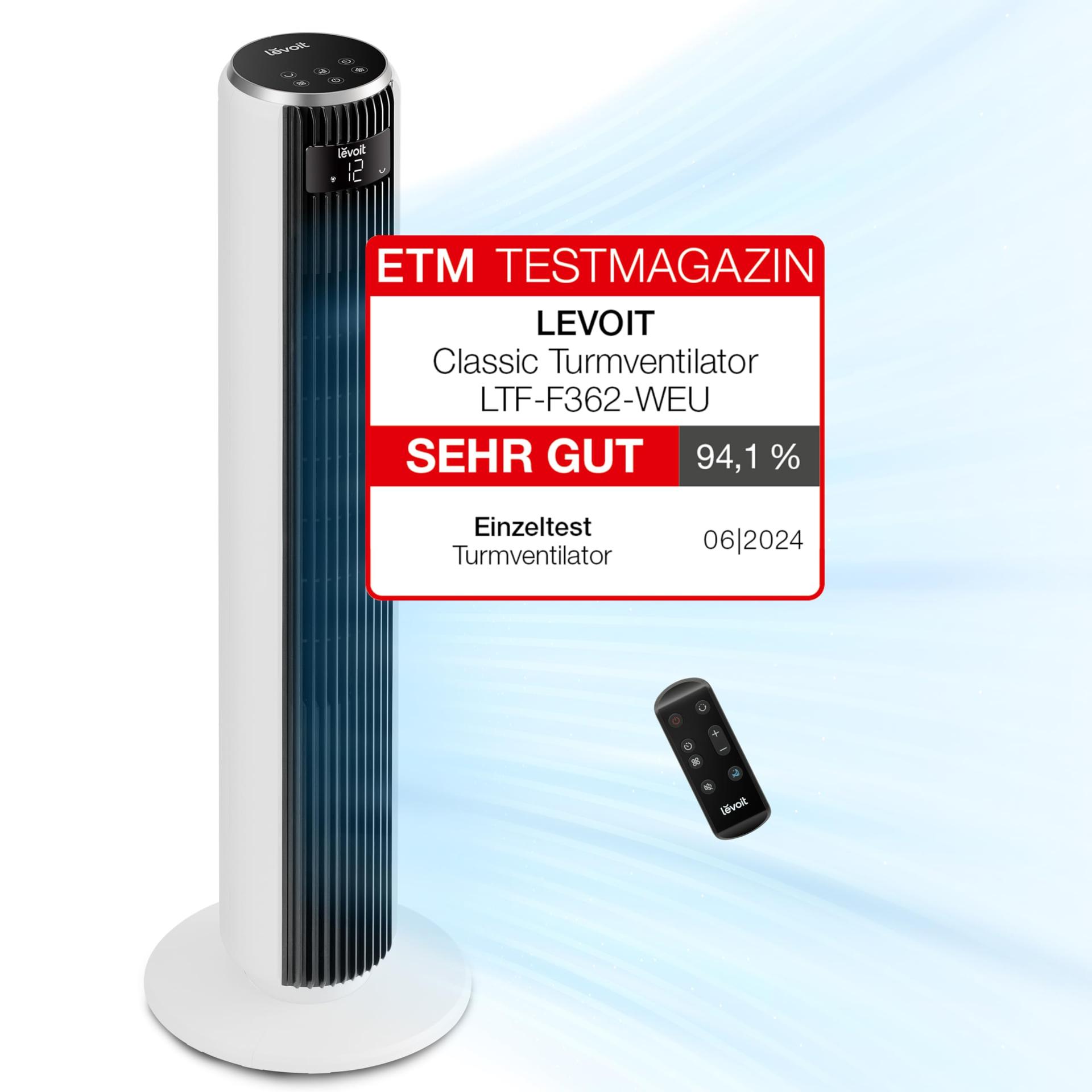 Levoit 20 dB toruventilaator – ülivai, 7,9 m/s ventilaator DC-mootoriga, 90° osilleeriv tornventilaator kaugjuhtimisega magamistuppa, 26W, 4 režiimi, 12 kiirust, 12H taimer, LED-ekraan, valge