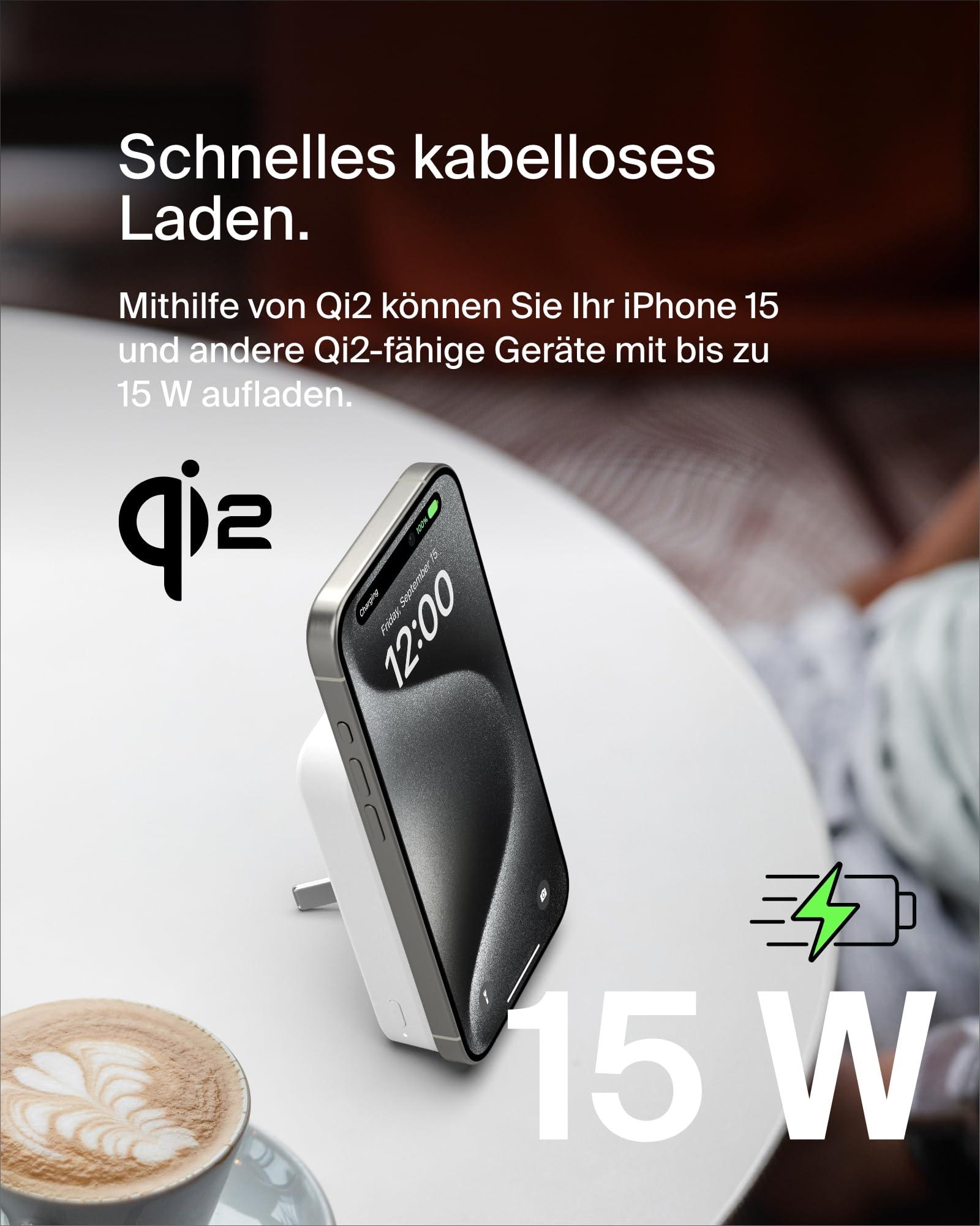 Belkin BoostCharge Pro juhtmevaba akupank 10 000 mAh Qi2 ja MagSafe ühilduvusega – integreeritud alusega kaasaskantav laadija iPhone 16, 15, 14, 13 ja 12 jaoks – Valge – detailne vaade