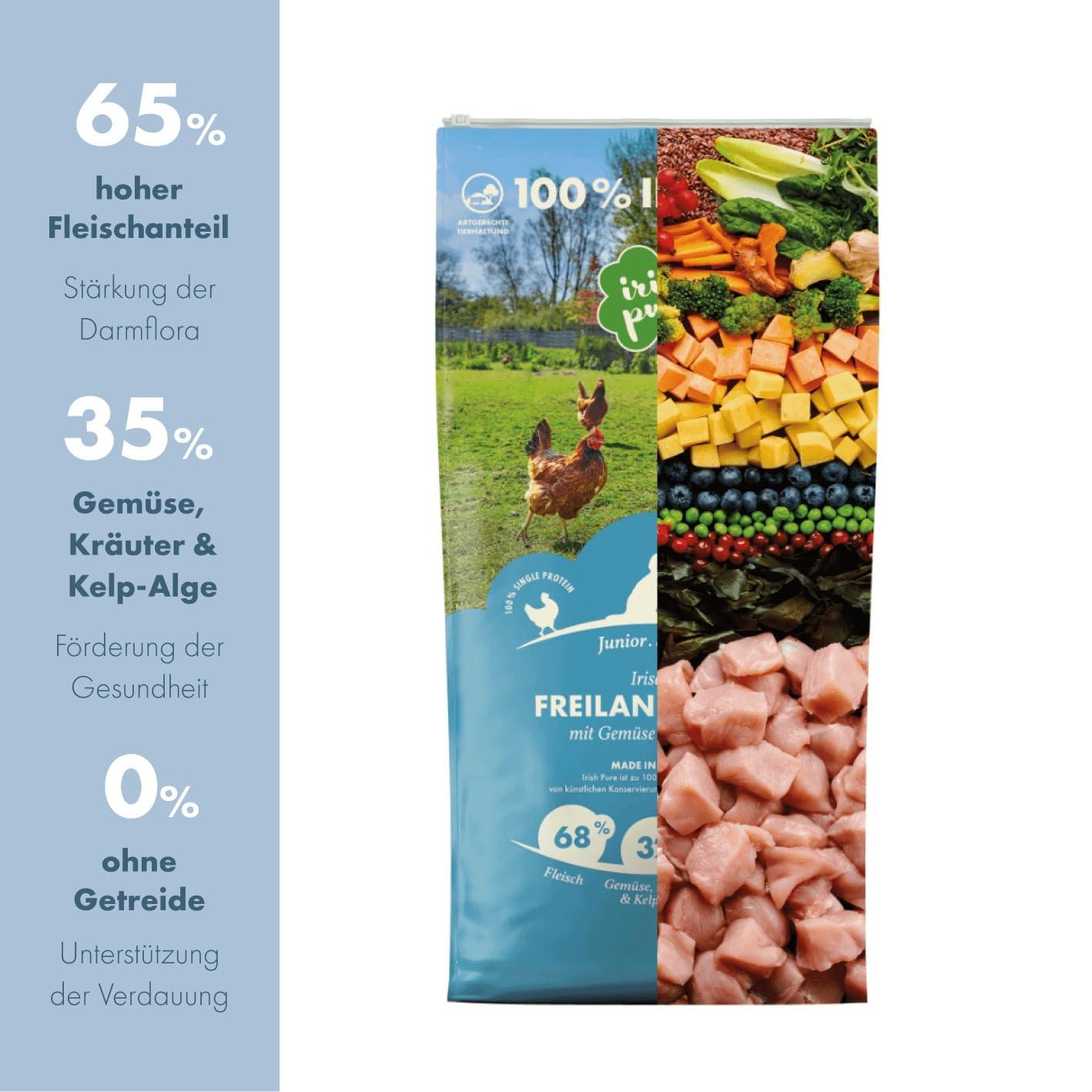 Irish Pure kuivtoit kutsikatele | 12kg | Vabapidamisel kana kelbi ja köögiviljadega | Junior | Kõrge lihasisaldus | Teraviljavaba | Tundlikule seedimisele | Kuivtoit koertele | Kõikidele tõugudele