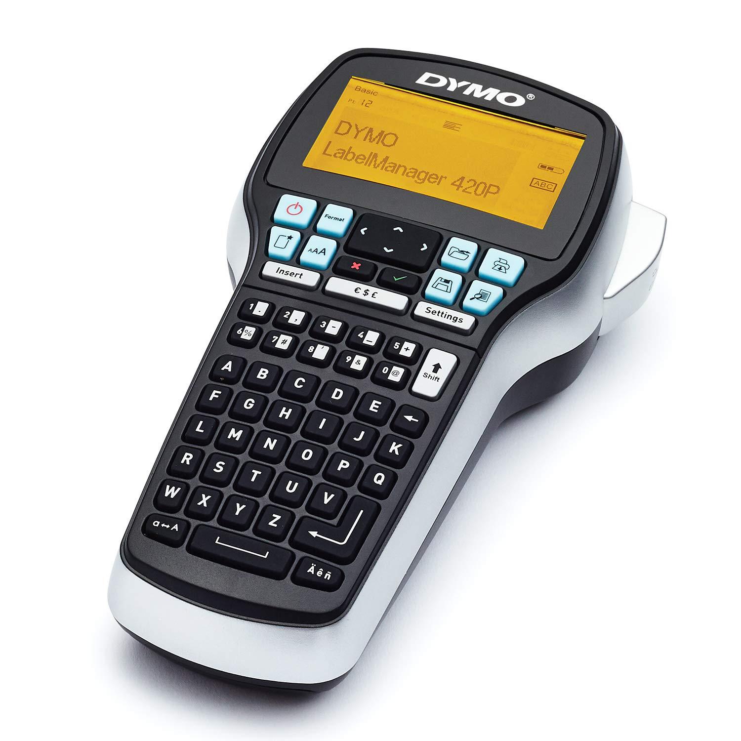 DYMO LabelManager 420P sildiprinter kohvris | Kaasaskantav etiketiprinter ABC-klaviatuuriga | Lisa D1-sildilintide rullid | D1-siltidele laiusega 6, 9, 12, 19 mm – pakend ja tarvikud