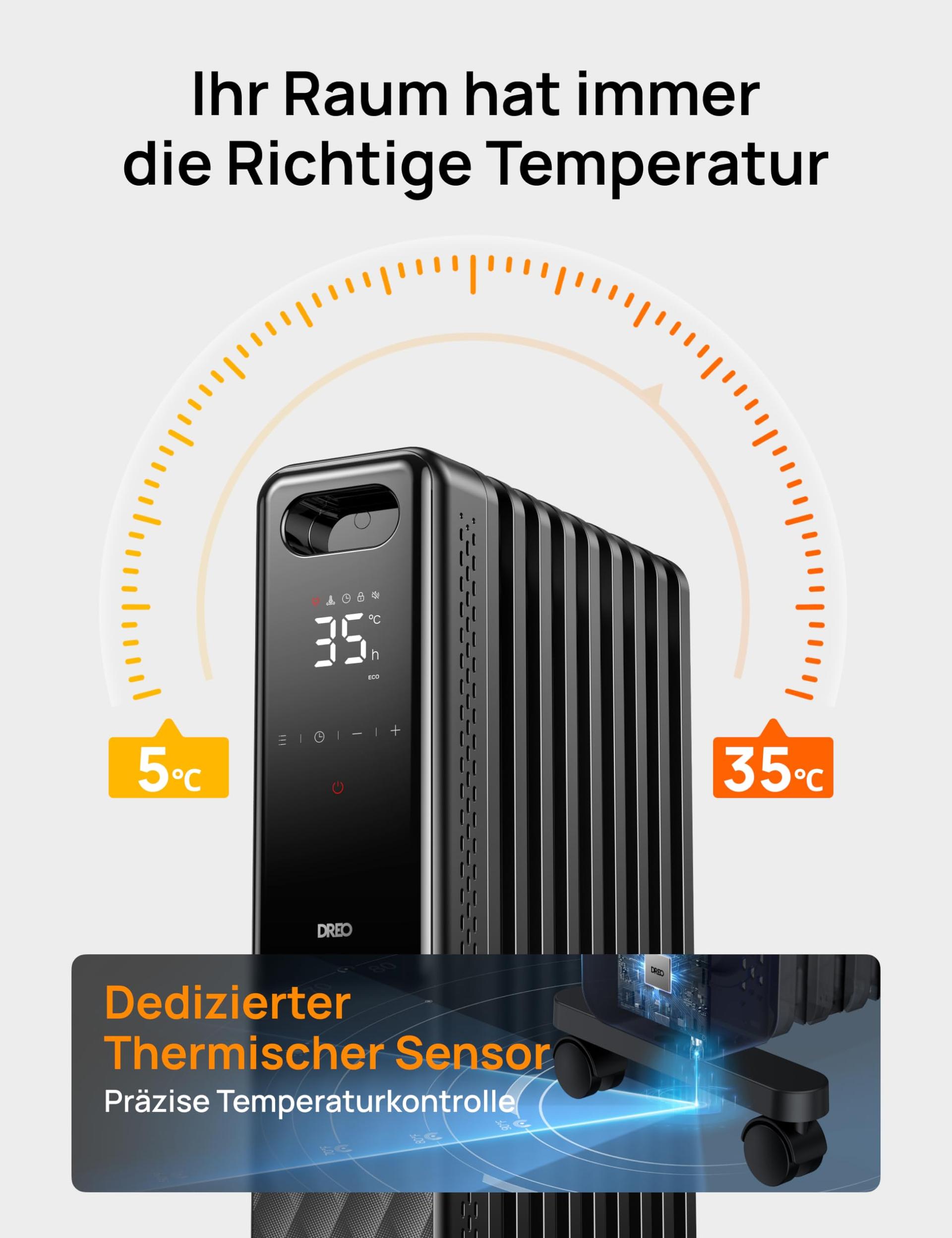 Dreo õliradiaator energiasäästlik 2000W, mobiilne elektrikeris 9 ribiga, kaugjuhtimispult, 3 kütterežiimi, 4 töörežiimi, 24h taimer, ülekuumenemis- ja ümberkukkumiskaitse, termostaadiga elektriradiaator, OH310 – pilt 6