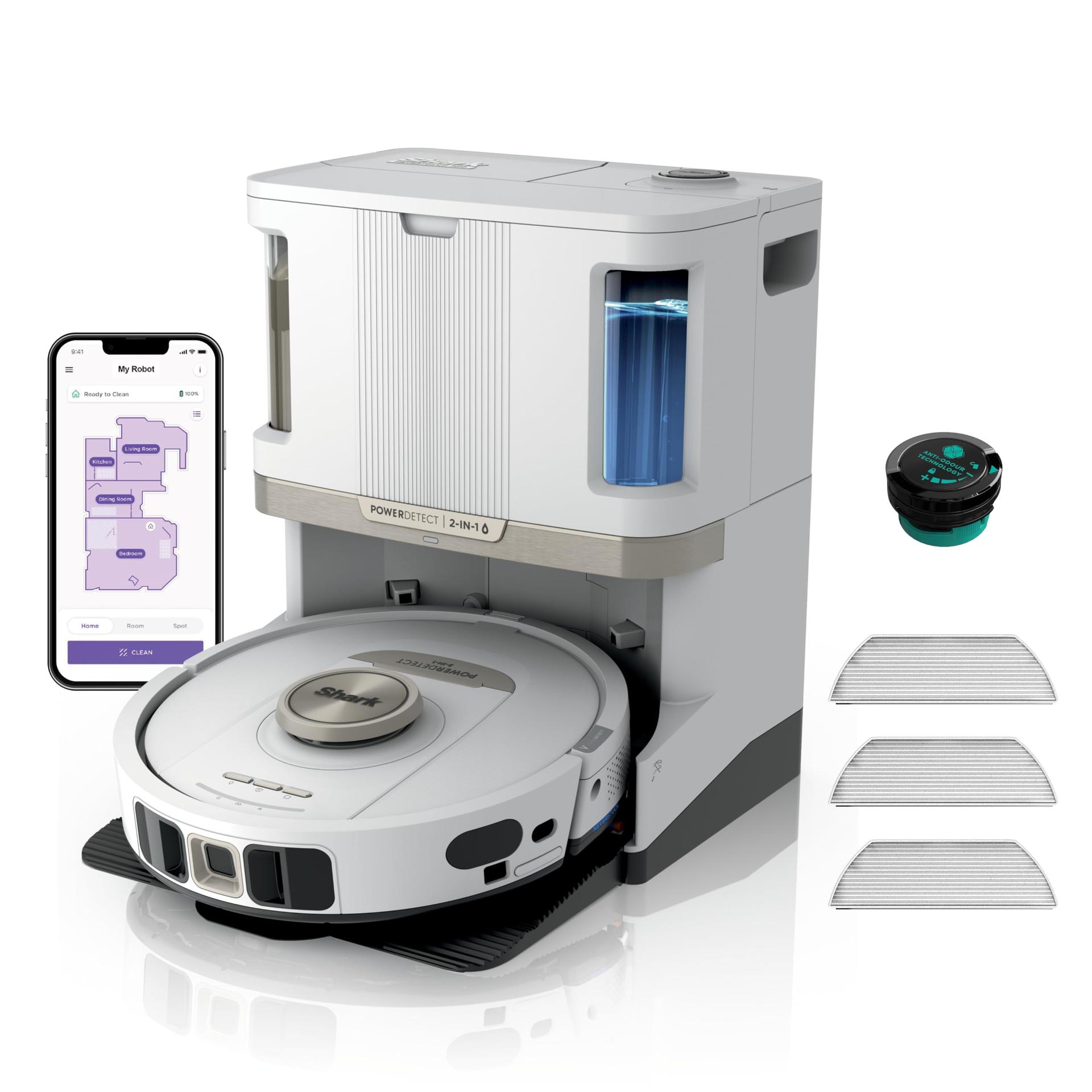 Shark PowerDetect 2-in-1 Tolmu- ja Pühkimisrobot, NeverTouch Pro 60 Päeva, Ise-Tühjendamine, Vee Täitmine ja Puhastus, 3D- & LiDAR-Navigatsioon, NeverStuck Takistuste Vältimine, Valge, AV2800ZEEUWH