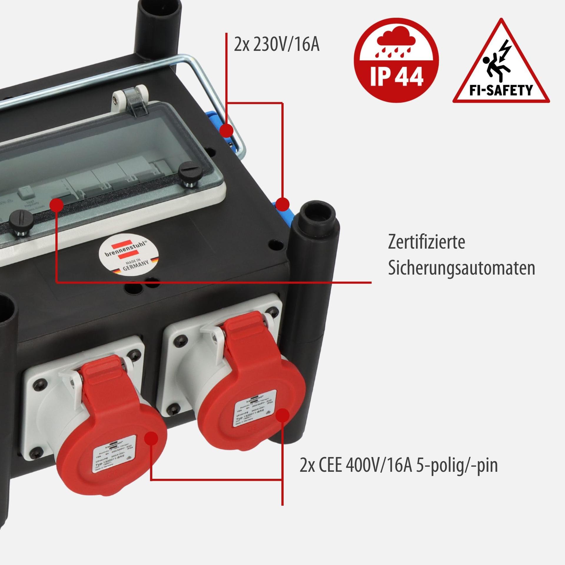 Brennenstuhl kompaktne kummist voolujaotur sertifitseeritud kaitselülitiga (2m kaabel, 2x CEE 400V/16A, 5x 230V/16A, pidev kasutus õues, FI-lülitiga, Valmistatud Saksamaal) – pakend ja tarvikud