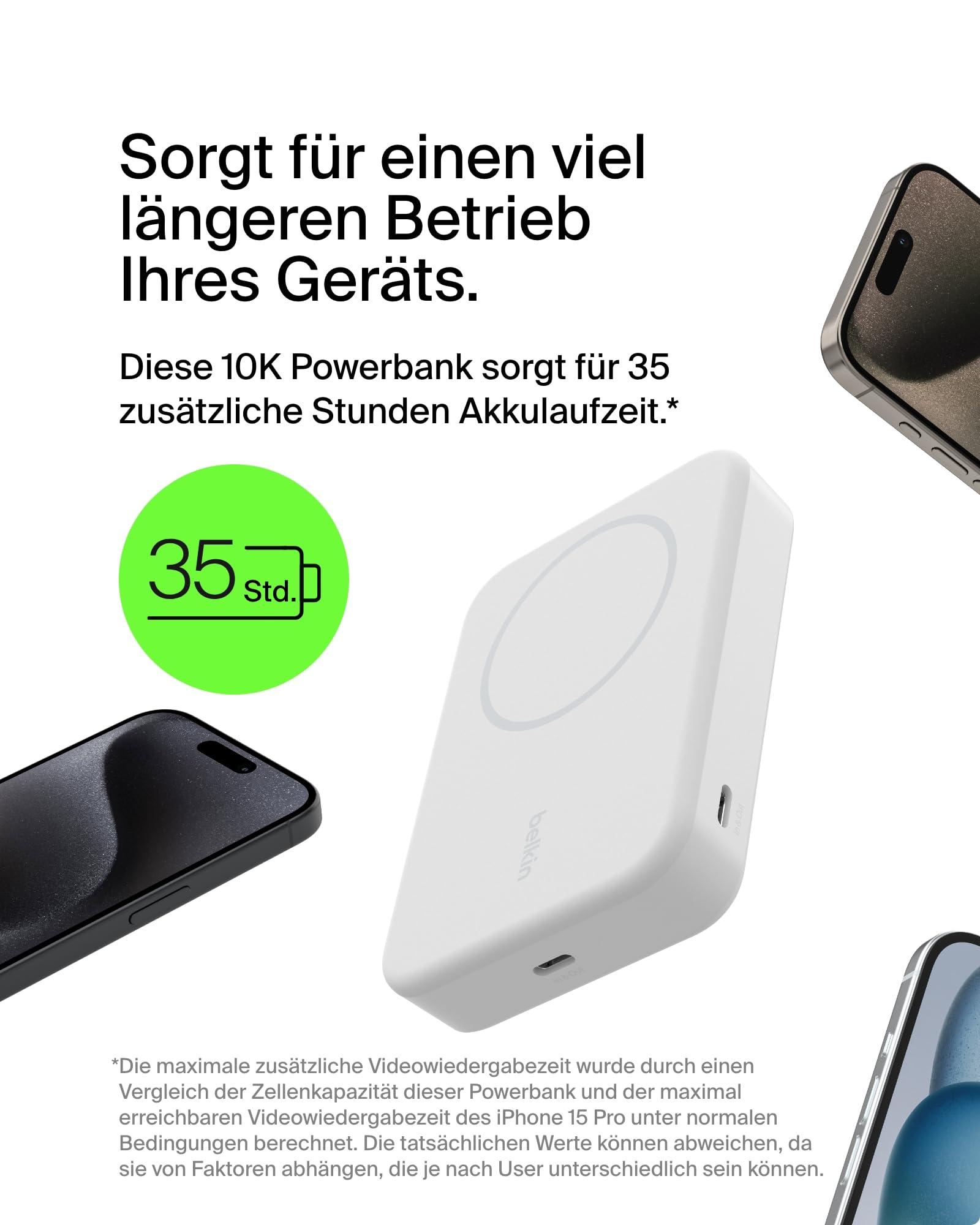Belkin BoostCharge Pro juhtmevaba akupank 10 000 mAh Qi2 ja MagSafe ühilduvusega – integreeritud alusega kaasaskantav laadija iPhone 16, 15, 14, 13 ja 12 jaoks – Valge – pakend ja tarvikud