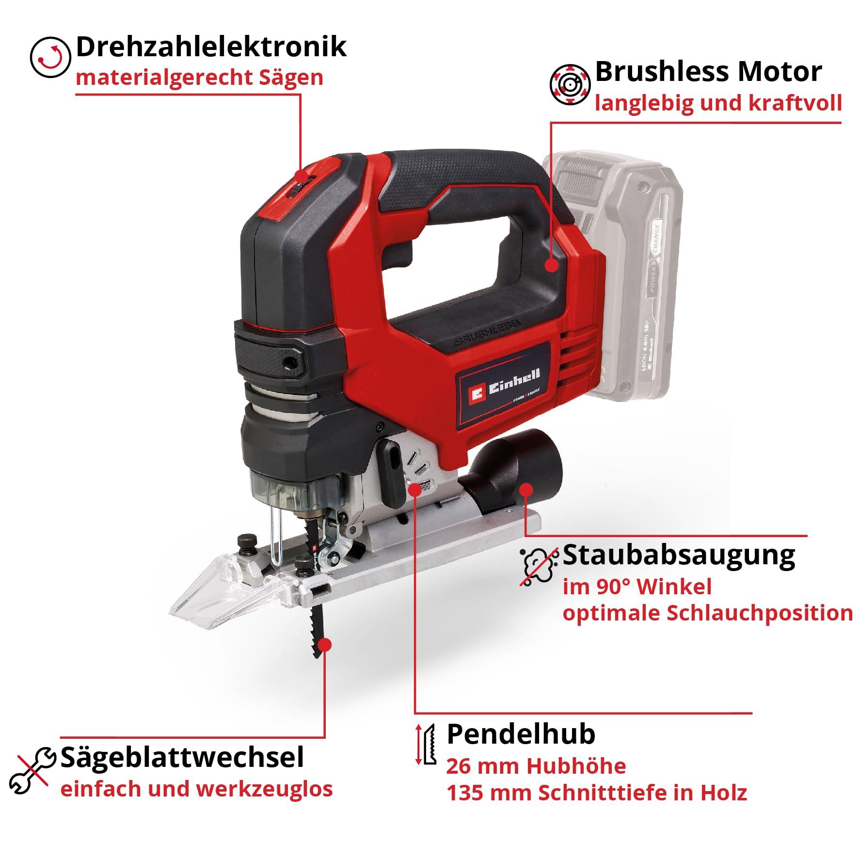 Einhell Professional akuga tikksaag TP-JS 18/135 Li BL Power X-Change (18 V, 135 mm lõikesügavus puidus, 26 mm lõikehoog, harjavaba, sisaldab saelehte, ilma akuta ja laadijata) – pakend ja tarvikud
