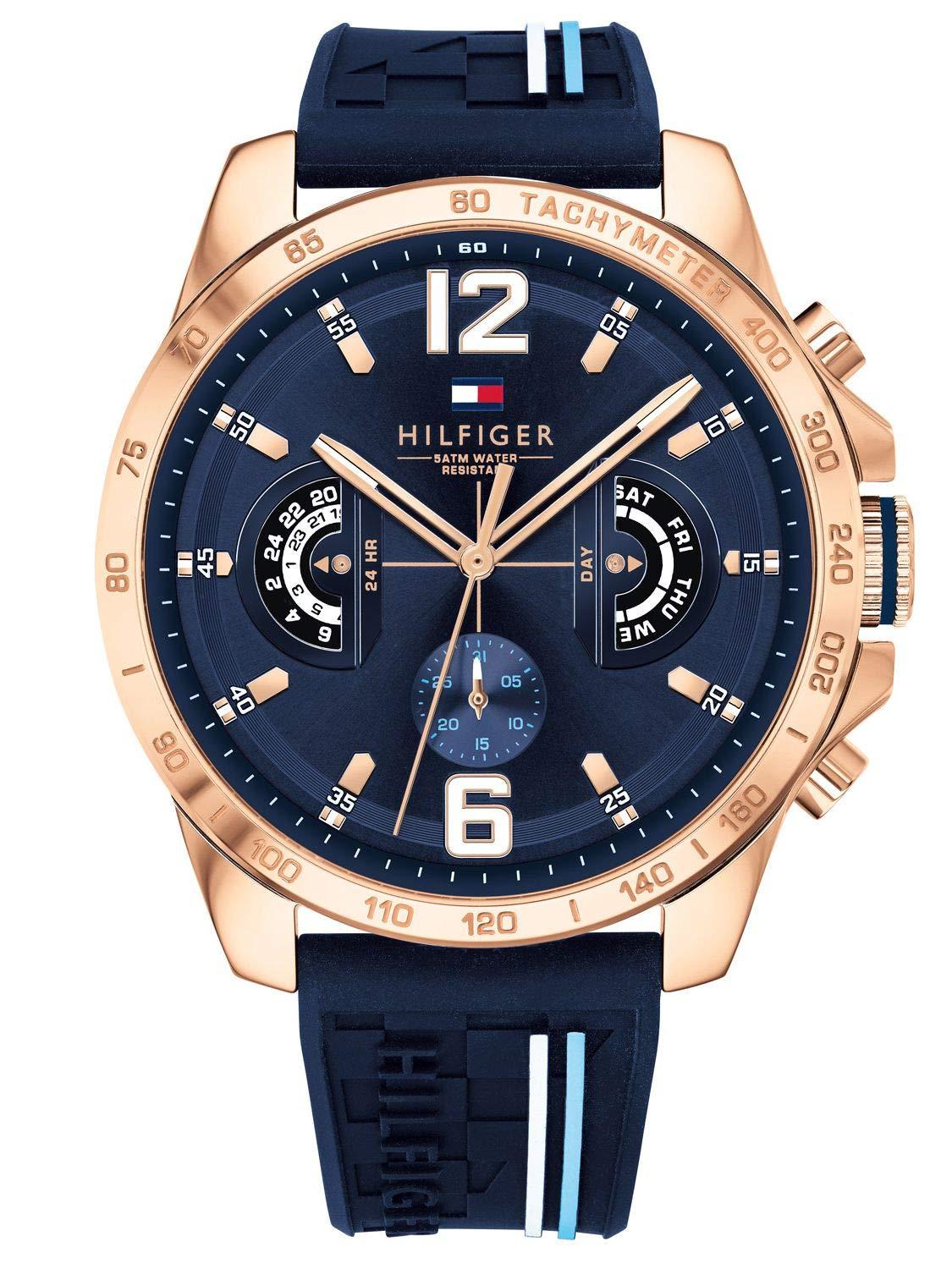 Tommy Hilfiger Meeste Analoog-Multifunktsionaalne Kvarts-Kell 46mm – Tumesinine Sihverplaat ja Silikoonrihm, Päeva-, Kuupäeva- ja 24-tunni Funktsioonidega, Veekindel kuni 5ATM – 1791474