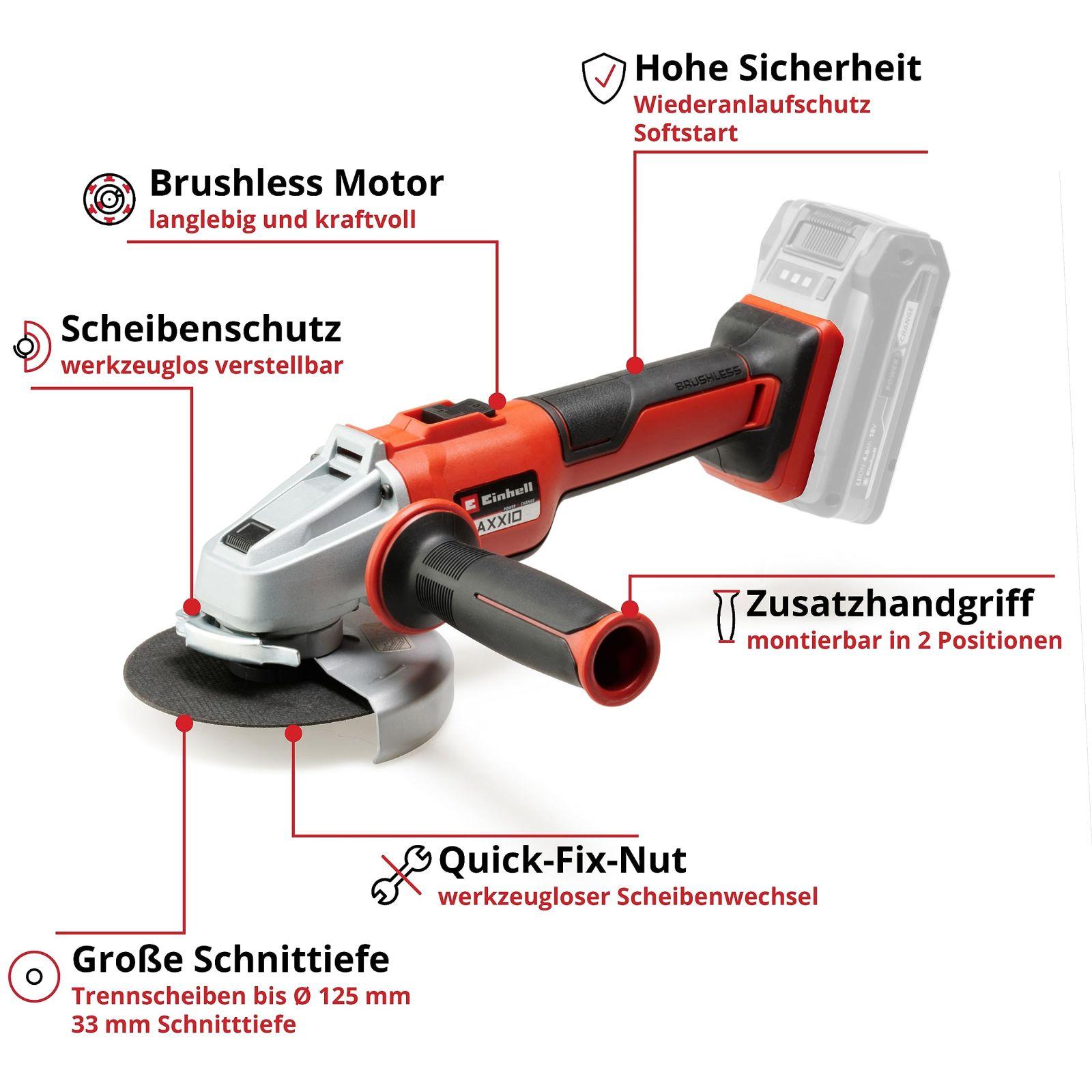 Einhell Professional akuga nurklihvija AXXIO 18/125 Q Li-Solo Power X-Change (18 V, 700 W, 125 mm ketta Ø, 33 mm lõikesügavus, harjavaba mootor, Quick-Fix mutter, ilma lõikeketata, ilma akuta) – pakend ja tarvikud