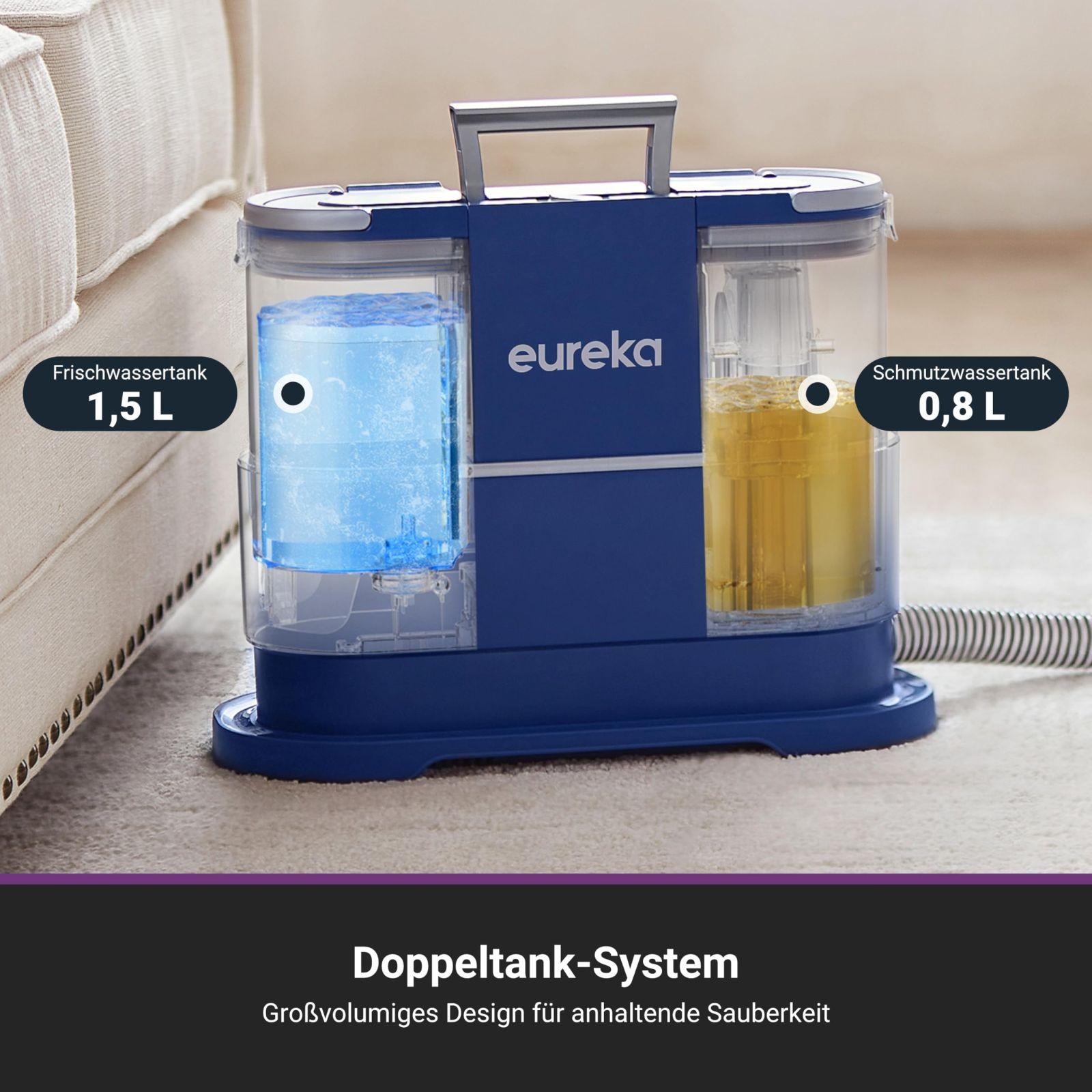 Eureka NEY100 pesutolmuimeja, vaibapuhastaja, polstripuhastaja | diivanile, vaipadele, polstrile, autole | märg-kuiv tolmuimeja tugeva imemisvõimsusega 12500 Pa, 82 dB, 1,5L suur veepaak puhastusvahendiga – kasutusnäide