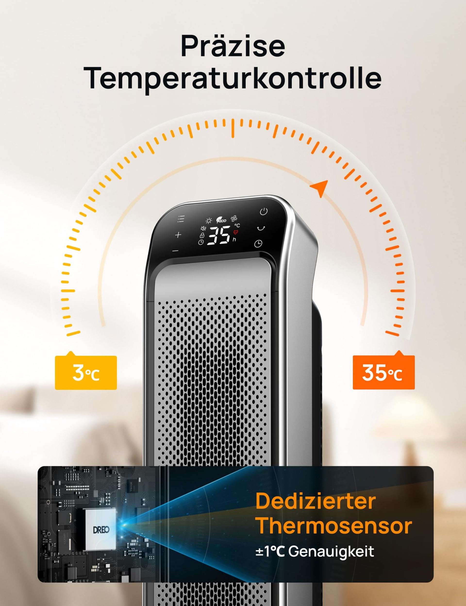 Dreo energiasäästlik ja vaikne keraamiline kütteseade, 25-tolline elektrikeris kaugjuhtimispuldi ja termostaadiga, 2000W elektrisoojendi, 3 režiimi, 12-tunnine taimer, ülekuumenemis- ja ümberkukkumiskaitse, Solaris Max – pilt 7