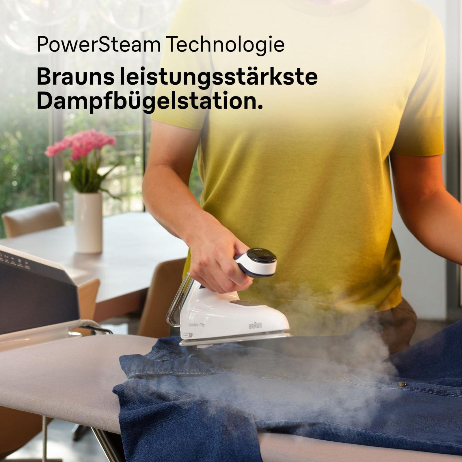 Braun CareStyle 7 Pro aurutriikimissüsteem IS 7282 BL – aurutriikraud FreeGlide 3D tallaga, iCare-funktsioon, eemaldatav 2 L veepaak, auruimpulss 600 g/min, 2700 W, sinine/valge – pakend ja tarvikud