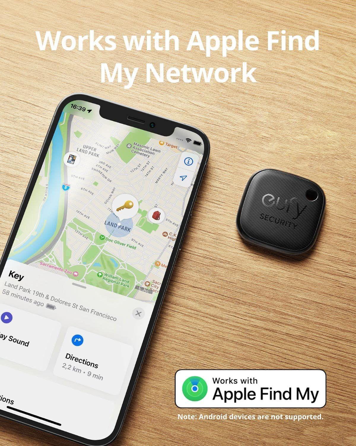 eufy security SmartTrack Link (Must, 4 tk komplekt) Võtmeotsija, ühilduv Apple Find My (iOS) süsteemiga, Bluetooth-träkkija kõrvaklappidele ja pagasile, telefonijälgija, veekindel – pakend ja tarvikud