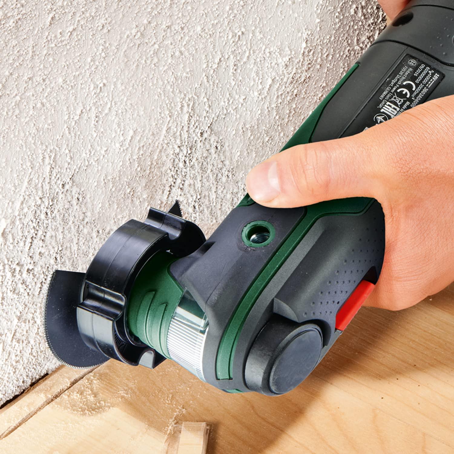 Bosch multifunktsionaalne tööriist AdvancedMulti 18 (ilma akuta, 18 V süsteem, universaalne tarvikukomplekt, SystemBox | suurus S) – Amazon Edition – pakend ja tarvikud