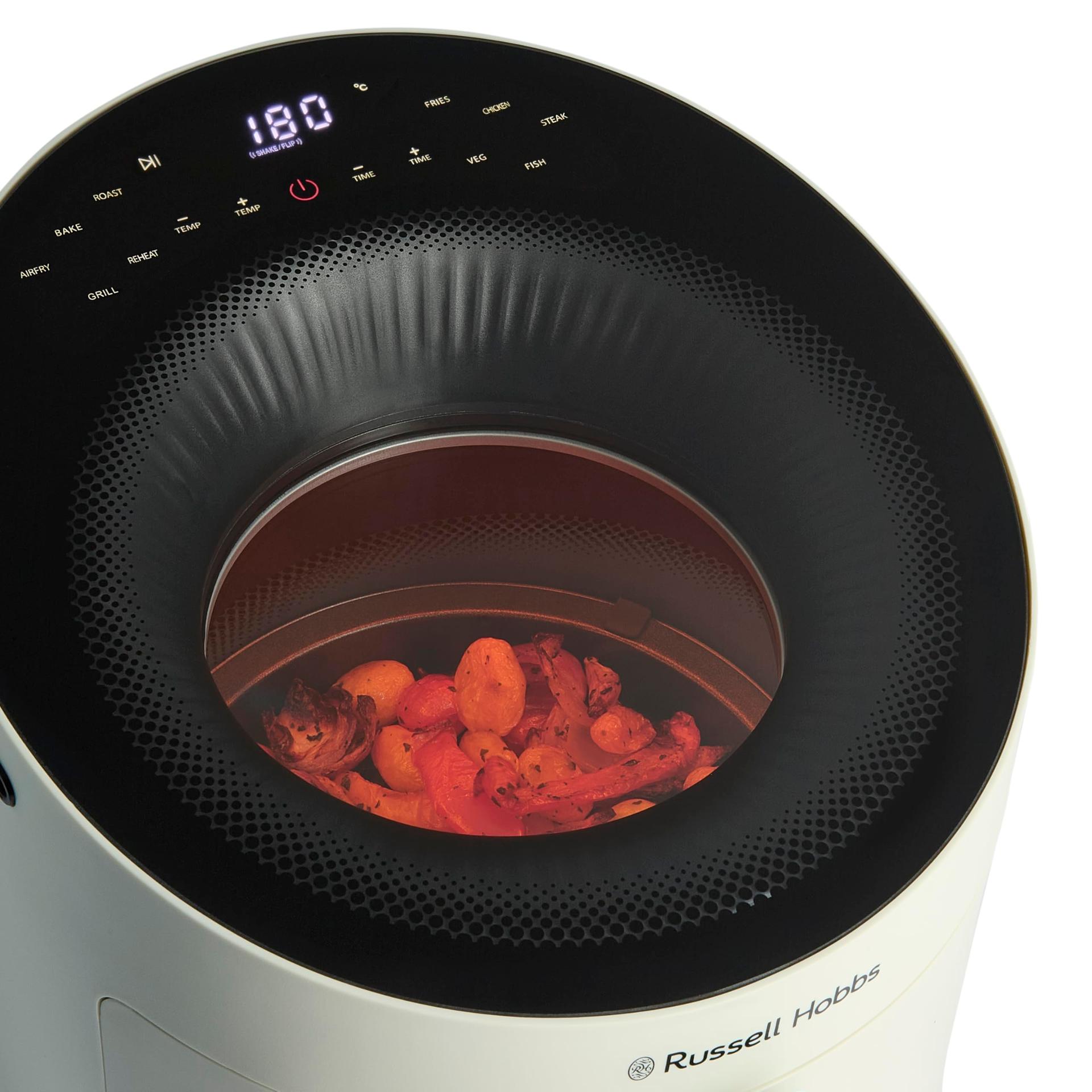 Russell Hobbs kuumaõhufritüür 5L [10 programmi | vaatlusaken] AirFryer (õlivaba fritüür, küpsetamine, grillimine, röstimine, kuni 200°C, nõudepesumasinas pestav, kreem) SatisFry Panoramic 27421-56 – pakend ja tarvikud