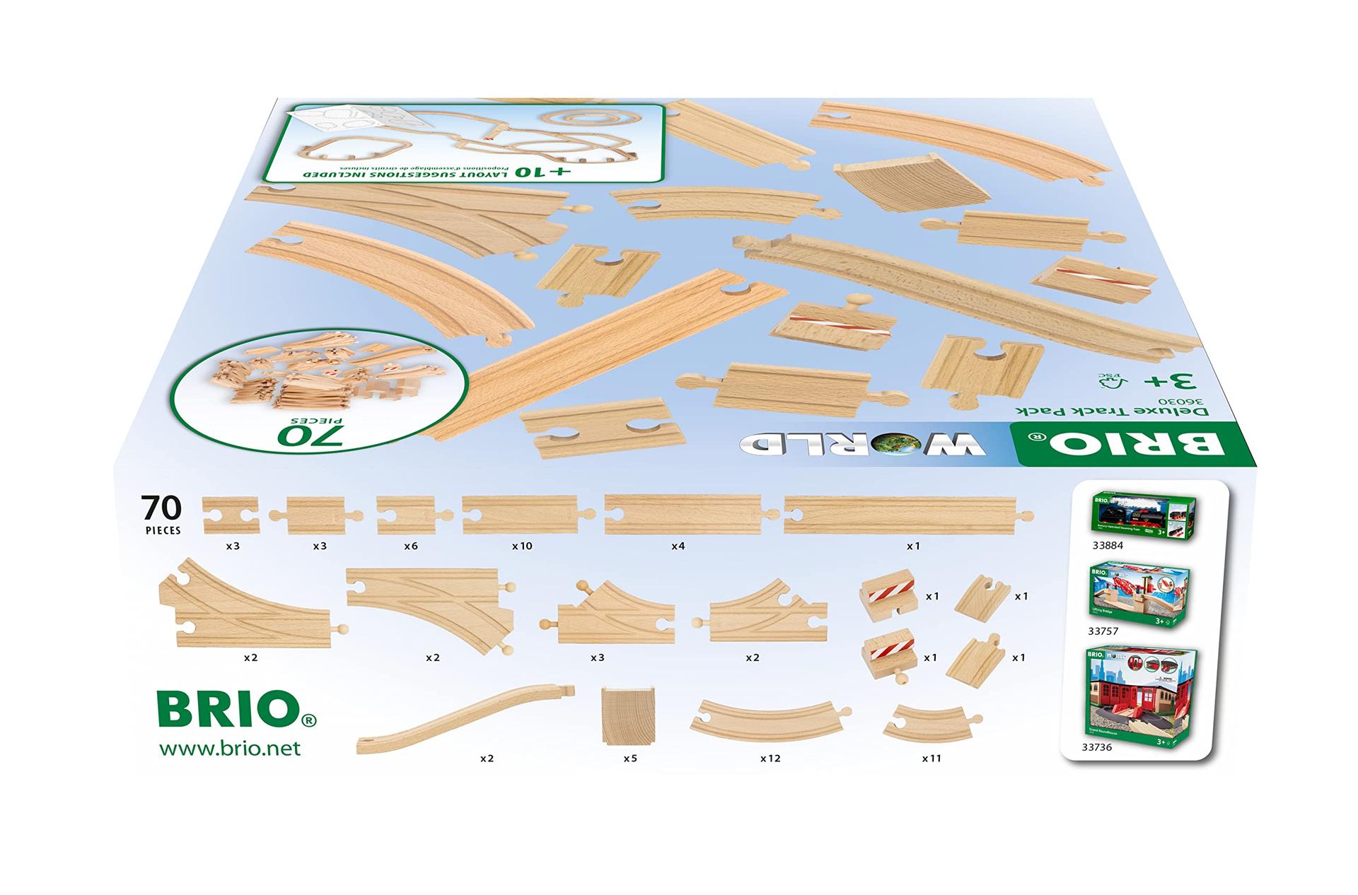 BRIO World 36030 DeLuxe rööbaste komplekt – 70-osaline komplekt rööbaste, vahetükkide ja tugipostidega loovaks rongimänguks – Sisaldab juhendit erinevate rajaskeemidega – pakend ja tarvikud