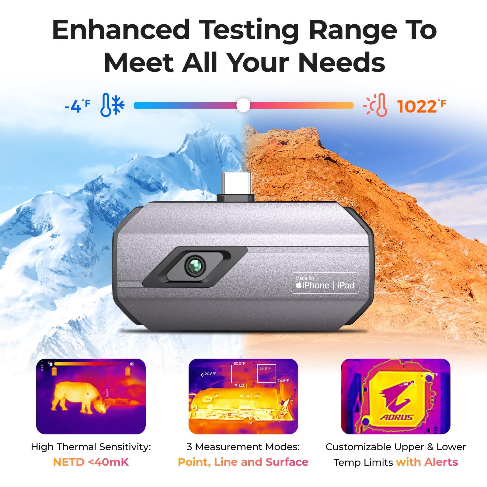 TOPDON TC002C termokaamera iPhone 15/16 seeria ja iPadide jaoks (USB-C ühendus). IR-eraldusvõime 512 x 384 px, temperatuuriulatus –20 °C kuni +550 °C – lisavaade