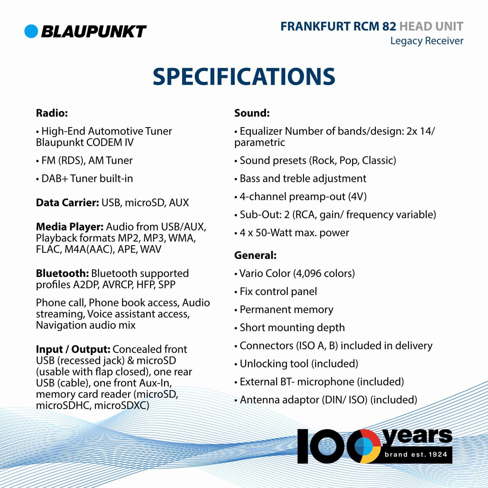 Blaupunkt Frankfurt RCM 82 DAB, 1-DIN autoradio, DAB+, Bluetooth, AUX, USB, SD-kaardi sisend, roolijuhtimine, käed-vabad süsteem, ekvalaiser, 200W, must – pakend ja tarvikud