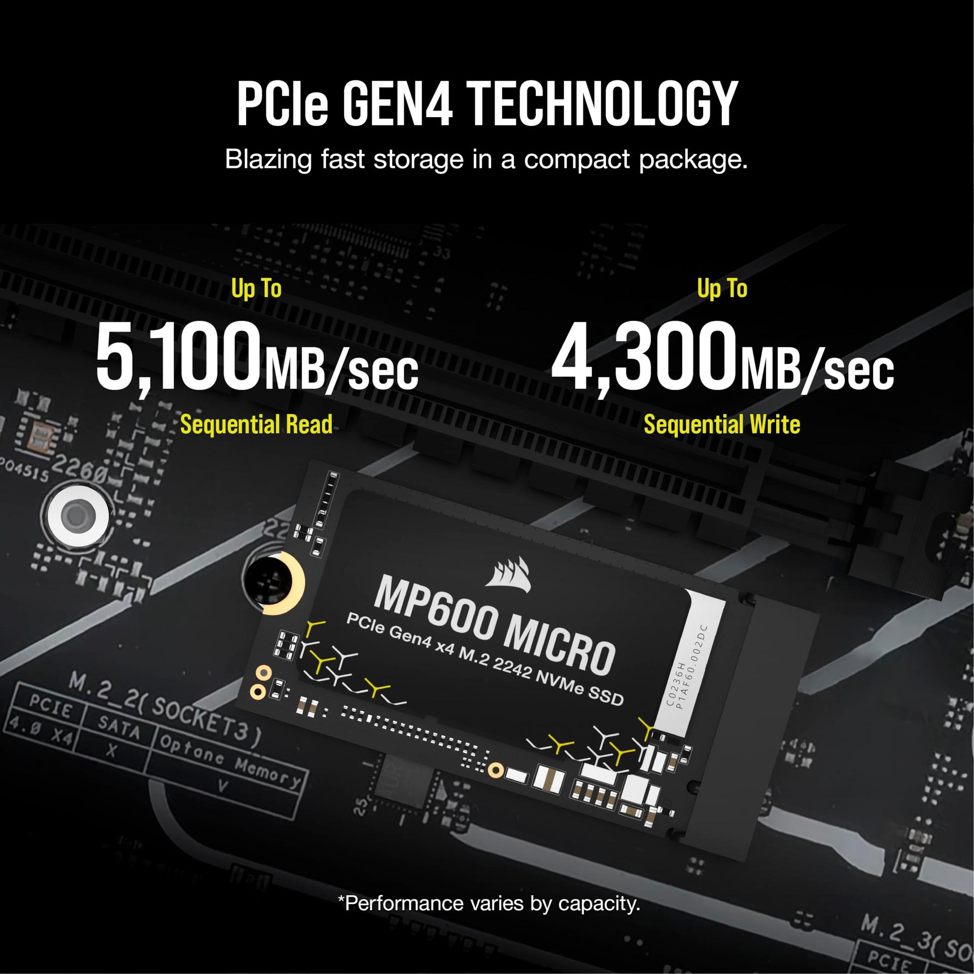 Corsair MP600 Micro 2TB M.2 NVMe PCIe x4 Gen4 SSD – M.2 2242 – Kuni 7.000MB/s järjestikune lugemine – Suure tihedusega 3D TLC NAND – Ühildub Lenovo Legion Go ja õhukeste sülearvutitega – Must – pakend ja tarvikud