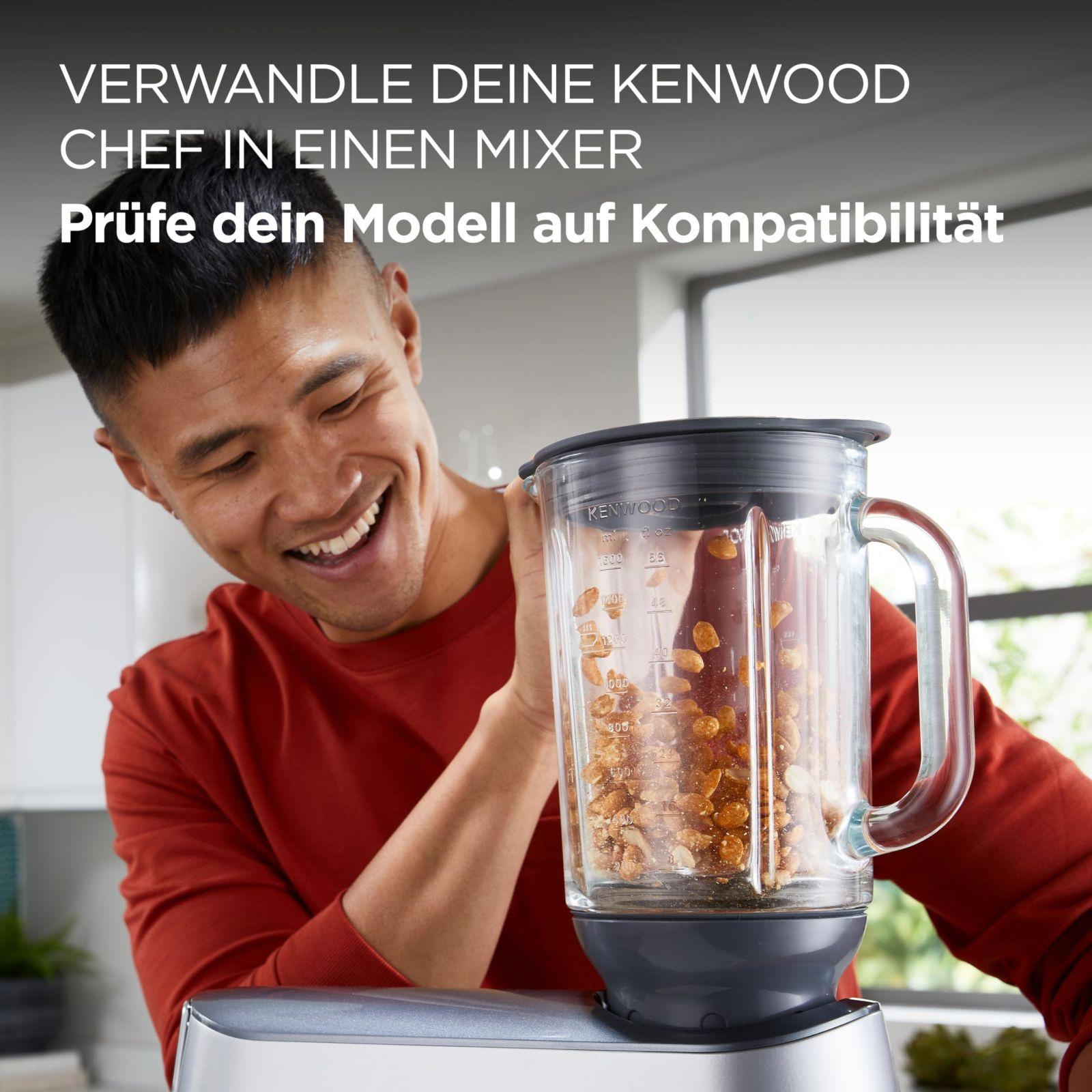 Kenwood ThermoResist klaasmikser KAH359GL – Tarvik Kenwood Chef köögimasinatele, kuumakindel klaasanum smuutide, suppide ja jää purustamiseks, sisaldab segamisvarrast, antratsiit/hõbe – pakend ja tarvikud
