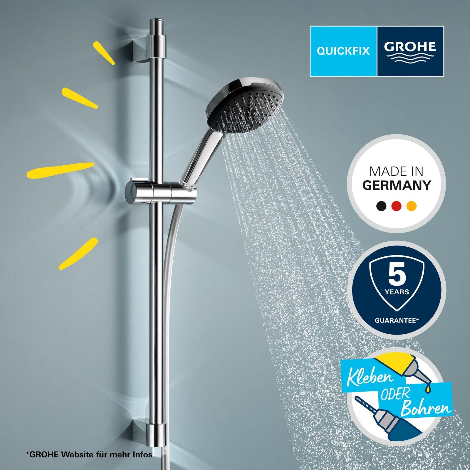 GROHE Vitalio 110 – vee säästev dušikomplekt – 8 l/min (3 pihustusrežiimi, 60 cm dušitoru, kinnitatav liimiga või kruvidega), kandiline, kroom, 26096001 – pakend ja tarvikud
