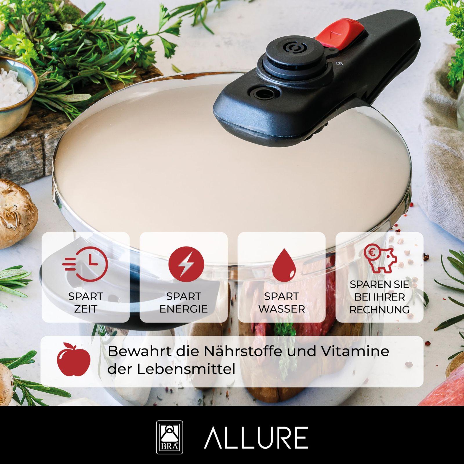 BRA Allure | Kiirkeetja 6 liitrit, valmistatud 18/10 roostevabast terasest, 2 keetmisprogrammiga ja avanemislukustussüsteemiga, sobib kõigile pliiditüüpidele – detailne vaade