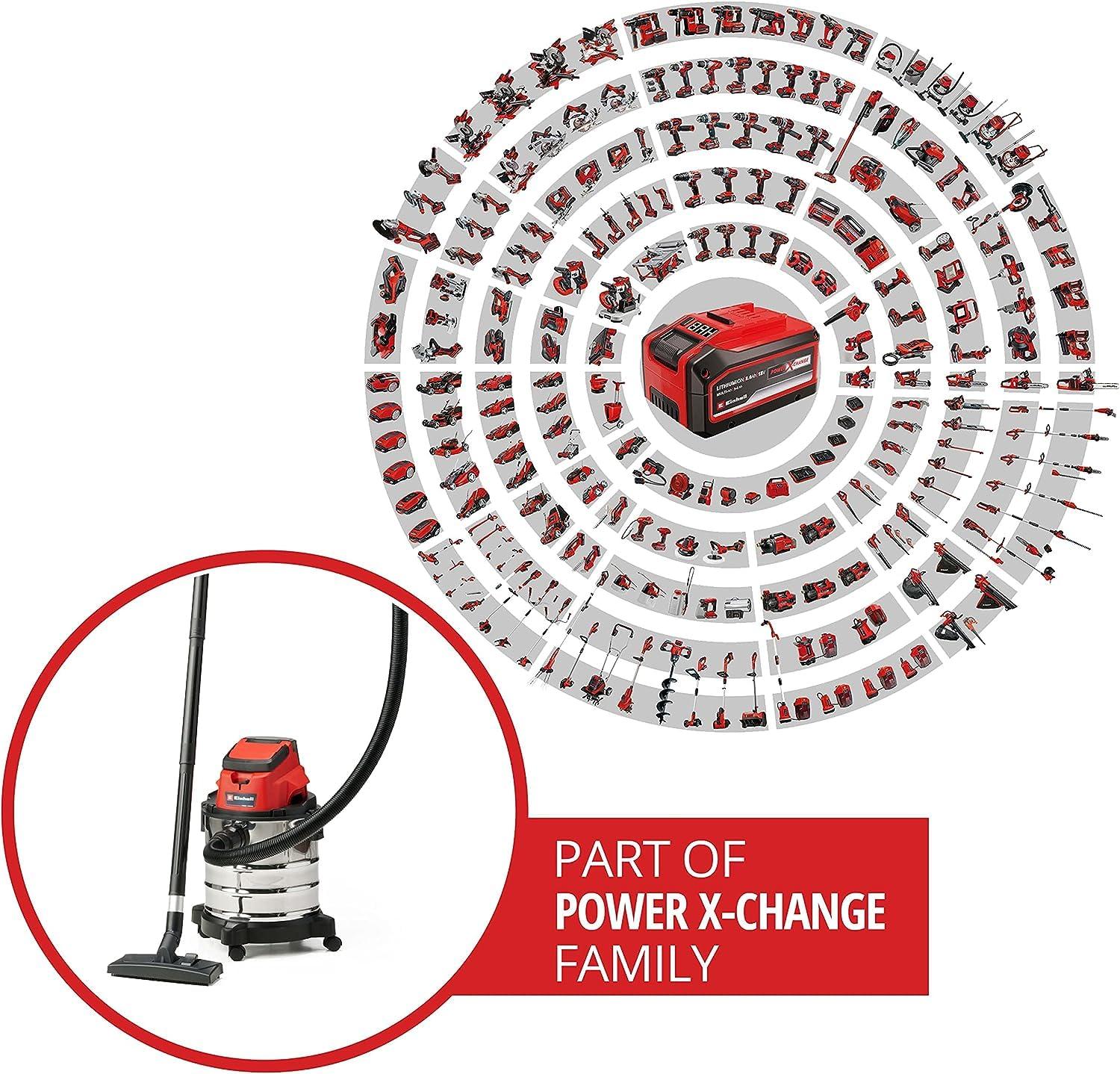 Einhell akuga märg- ja kuivtolmuimeja TC-VC 18/20 Li S-Solo Power X-Change (Li-Ion, 18V, 20 l roostevabast terasest mahuti, puhumisfunktsioon, koos düüside ja filtriga, ilma aku ja laadijata), must/punane – detailne vaade