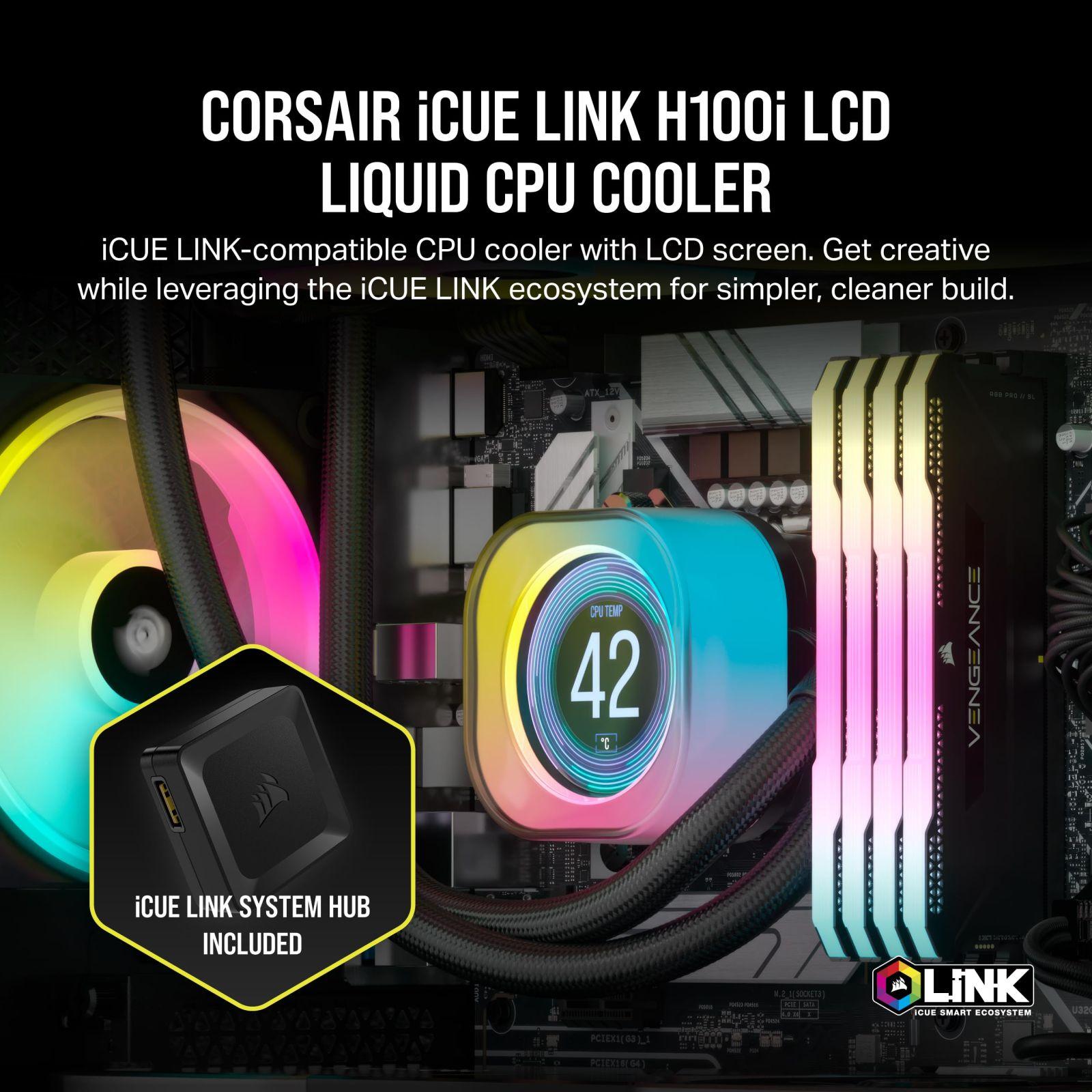 CORSAIR iCUE LINK H100i LCD Vedelikjahutusega CPU Cooler – 240mm AIO – QX120 RGB ventilaatorid – 2,1″ IPS-LCD ekraan – Sobib Intel LGA 1700, AMD AM5 – iCUE LINK süsteemi jaotur kaasas – Must – detailne vaade