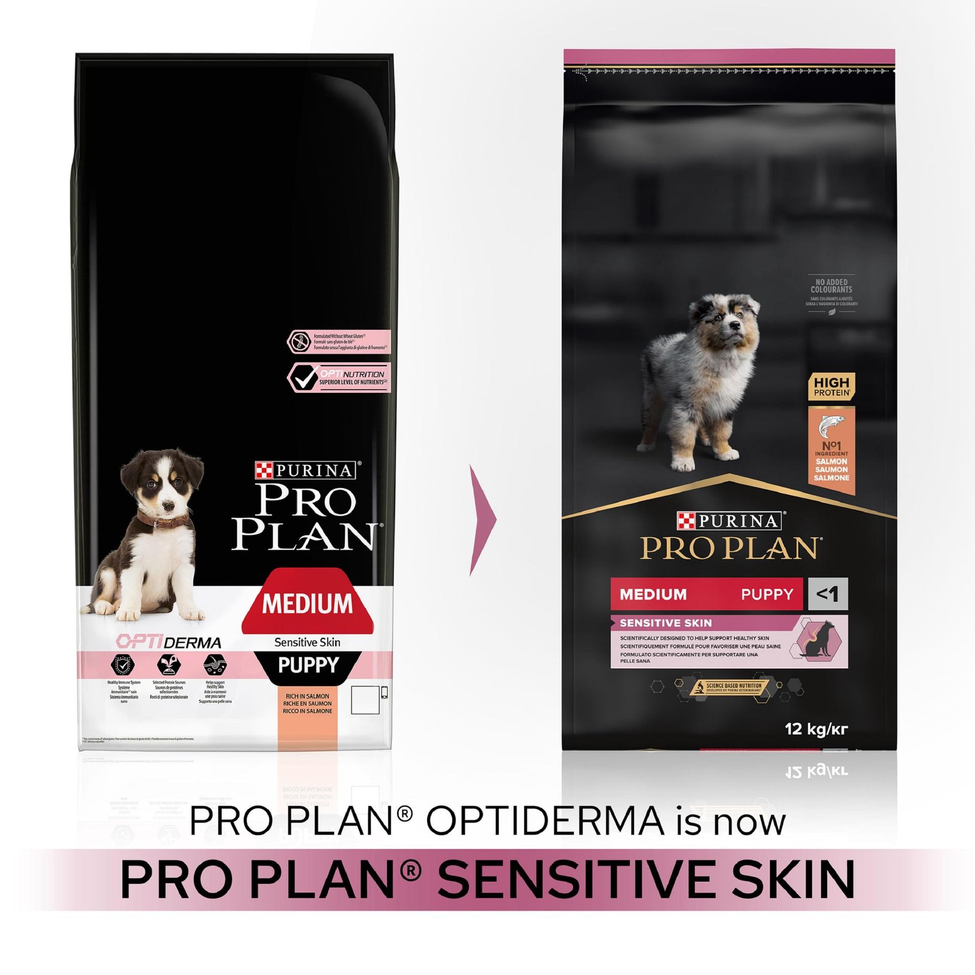 Pro Plan Medium Puppy Sensitive Skin, kuivtoit kutsikatele, rikas lõhega, 1 pakk (1 x 12 kg) – pakend ja tarvikud
